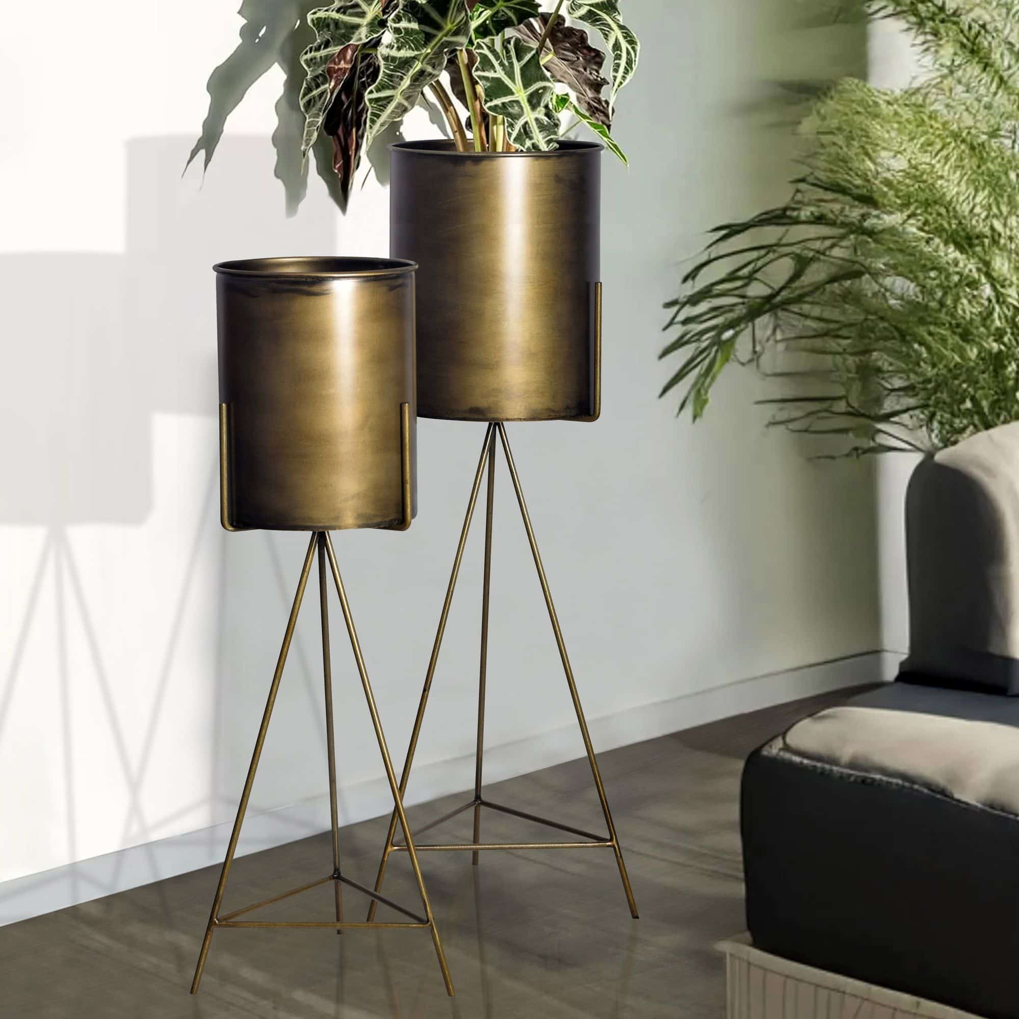 Blumentopf 2er Set Metall Pflanzkübel Gold mit Gestell Blumentopf 2er Set Metall Pflanzkübel Gold mit Gestell