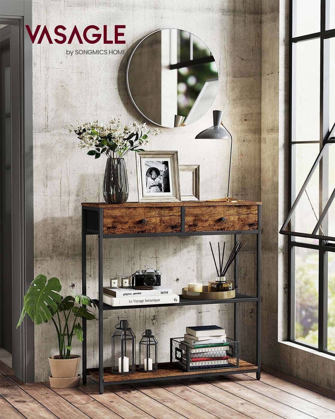 Schmaler Konsolentisch mit zwei Stoffschubladen Schmaler Konsolentisch mit zwei Stoffschubladen