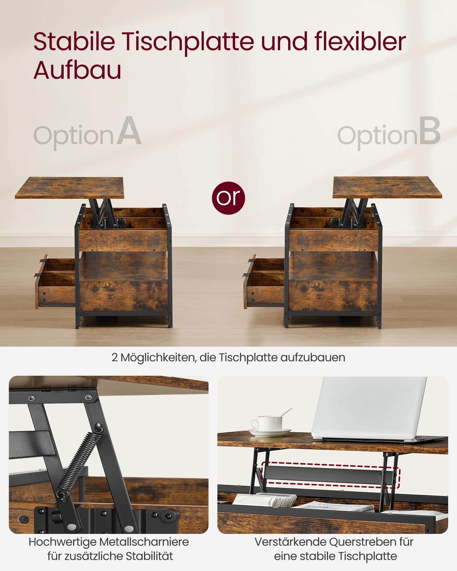 Couchtisch mit Schubladen vintagebraun-tintenschwarz Couchtisch mit Schubladen vintagebraun-tintenschwarz