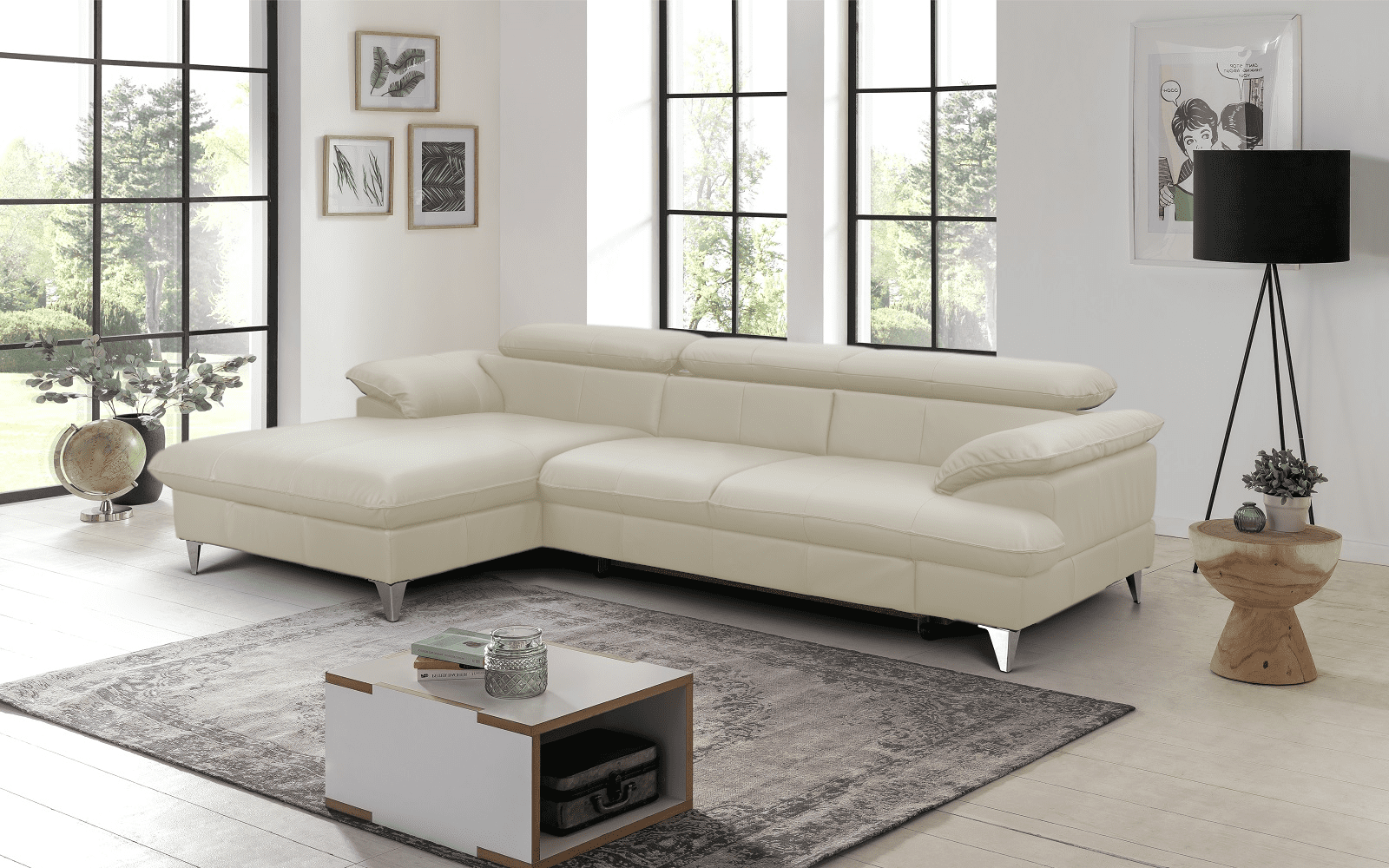 David Ecksofa Echtleder – Schlafsofa mit Bettkasten