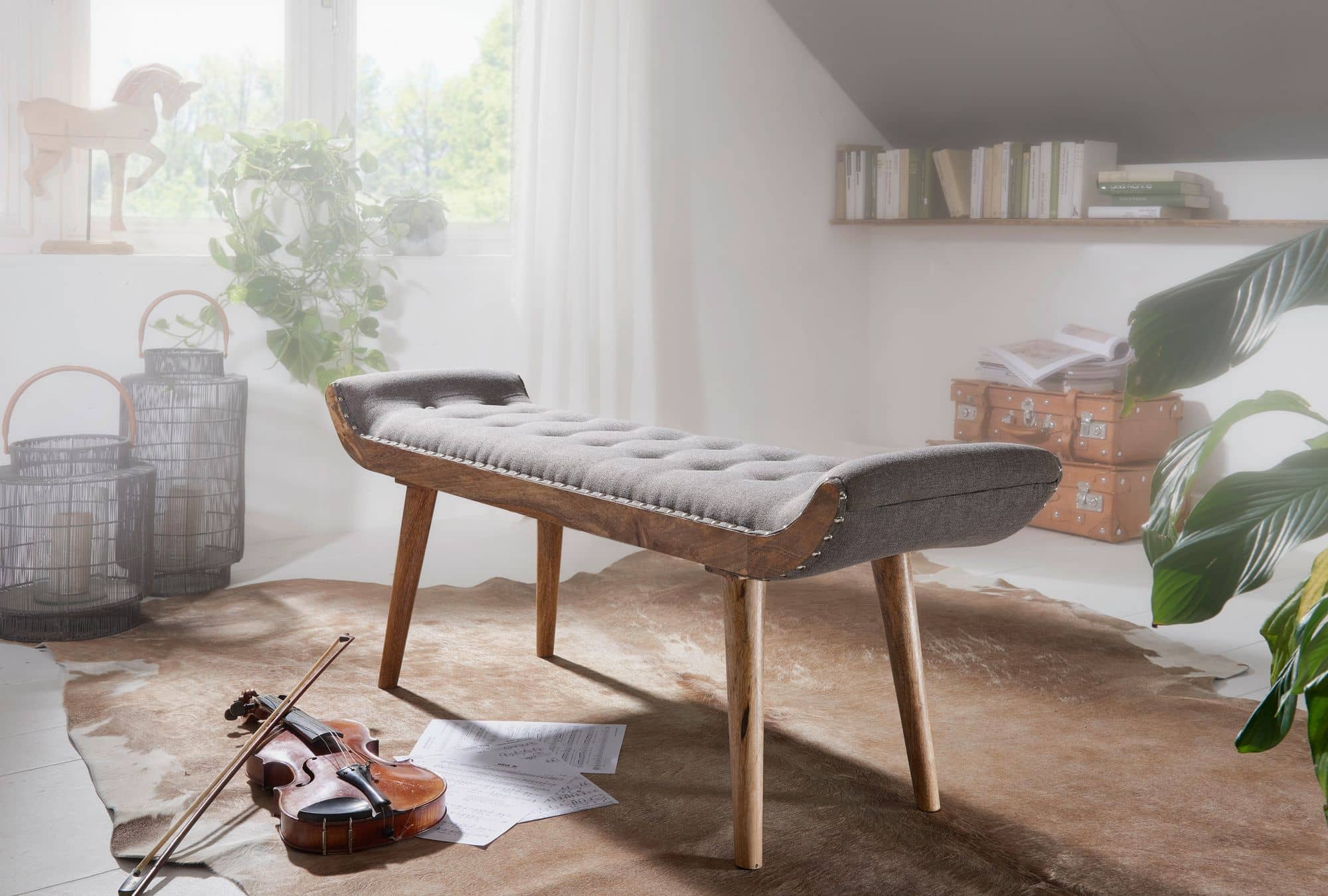 52306-WOHNLING-Sitzbank-WL6-013-WL6-013_2 Sitzbank Stoff / Massivholz Bank Grau 125x51x38 cm Chesterfield-Design