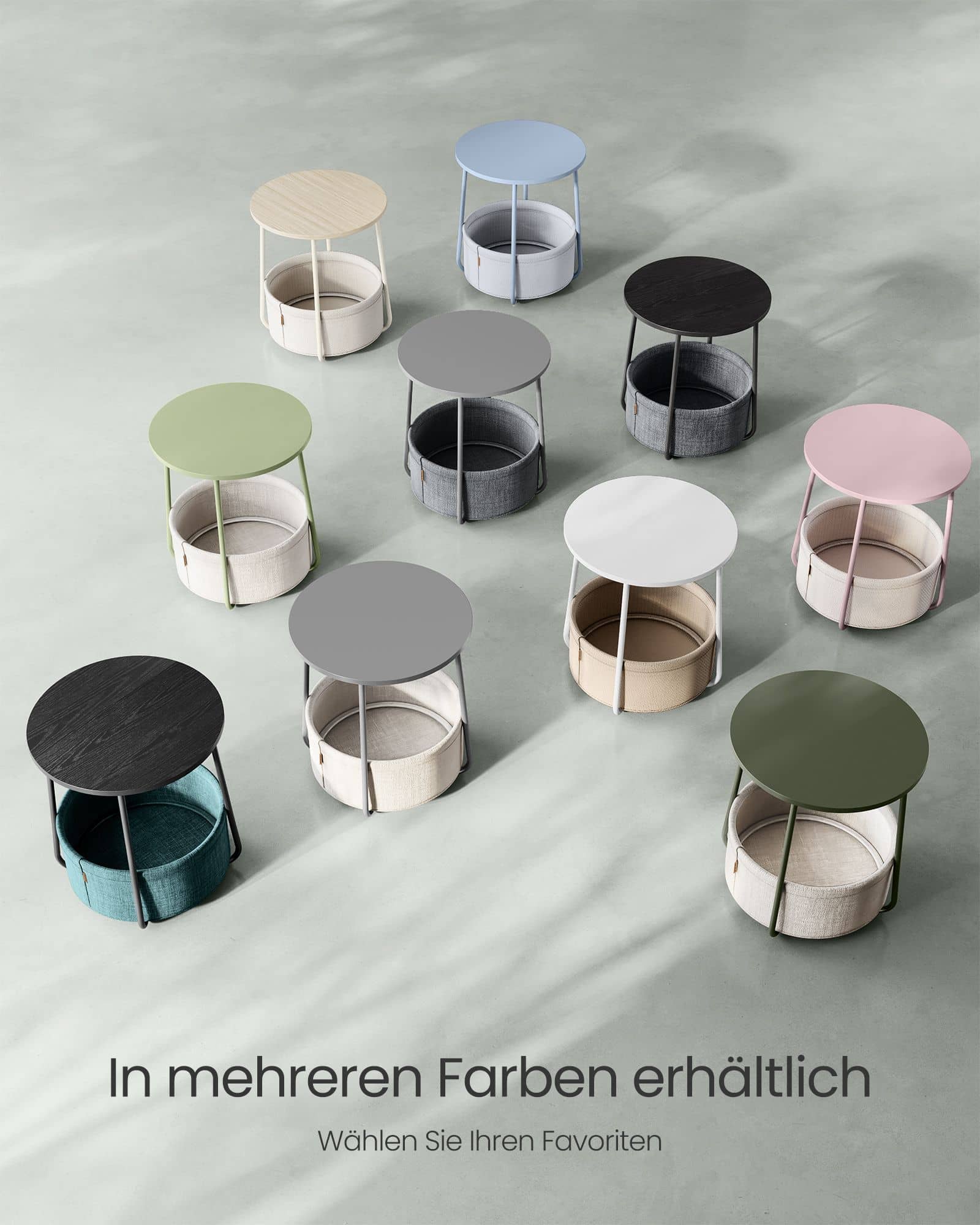 Beistelltisch rund mit Korb aus Stoff Beistelltisch rund mit Korb aus Stoff