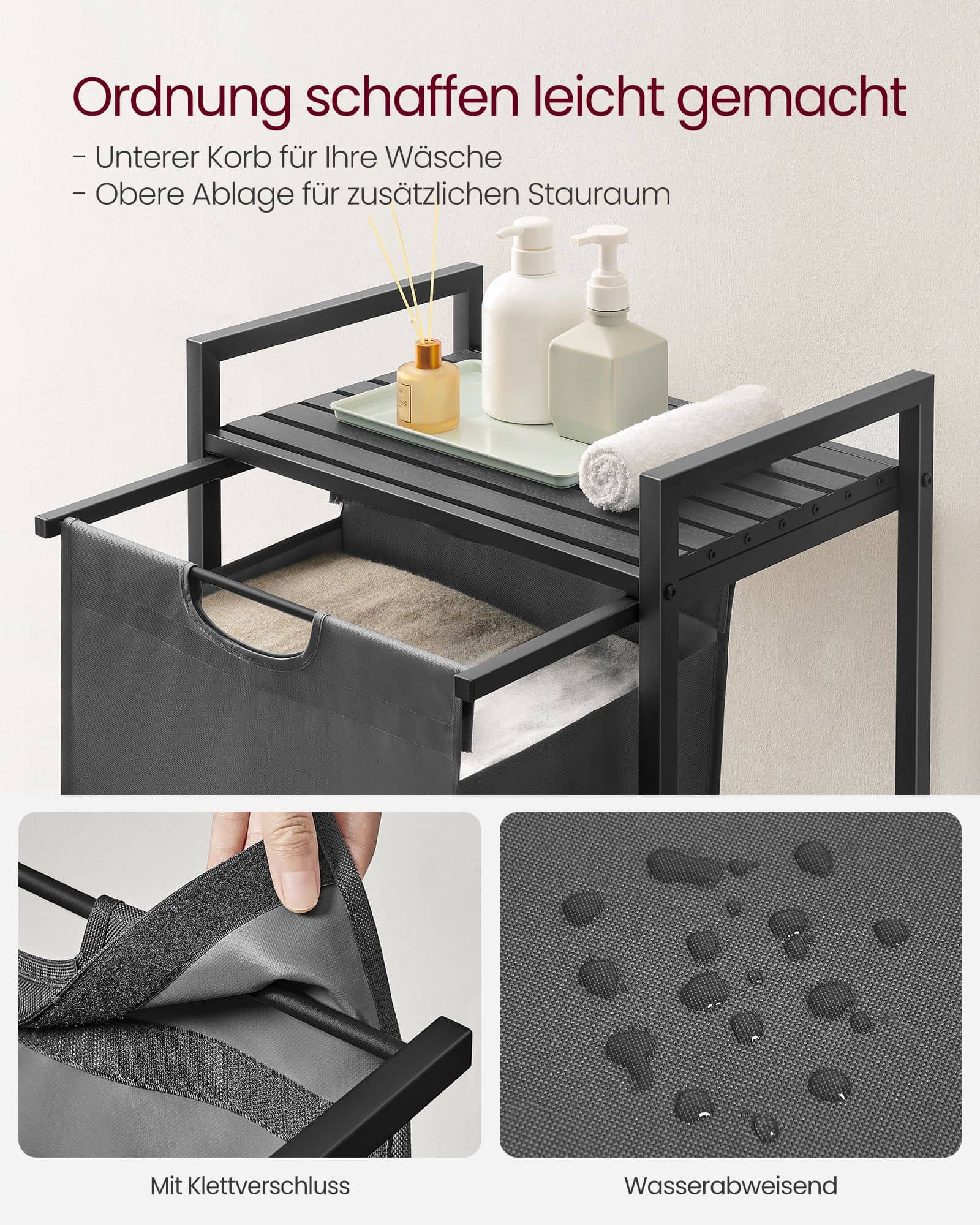 Wäschesammler mit Ablage Metallrahmen schwarz-grau Wäschesammler mit Ablage Metallrahmen schwarz-grau