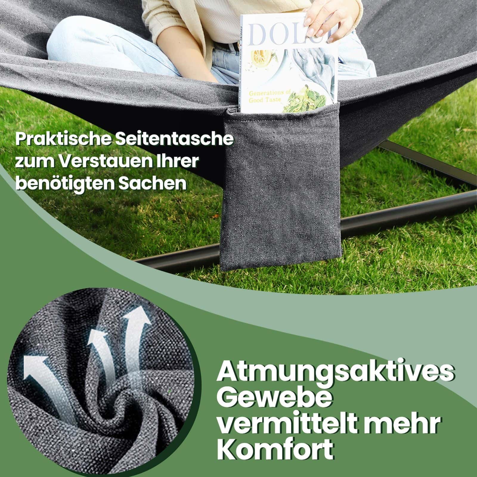 Hängematte 210 x 150 cm, Outdoor, mit 2 Holzstangen Hängematte 210 x 150 cm, Outdoor, mit 2 Holzstangen