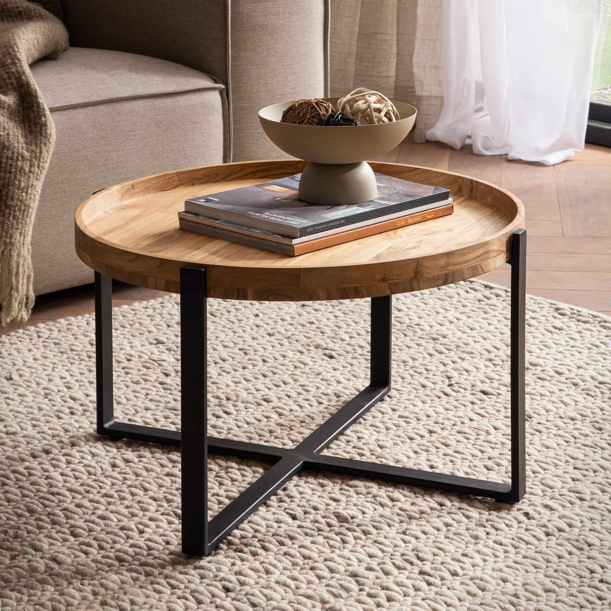 Couchtisch 60x60x36 cm Akazie Massivholz Metall Hellbraun Sofatisch Rund Couchtisch 60x60x36 cm Akazie Massivholz Metall Hellbraun Sofatisch Rund