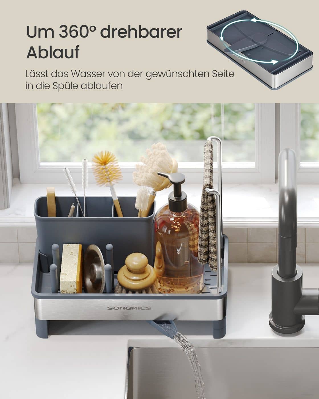 Spülbecken Organizer mit Halter für Schwämme und Bürsten schiefergrau-silbern