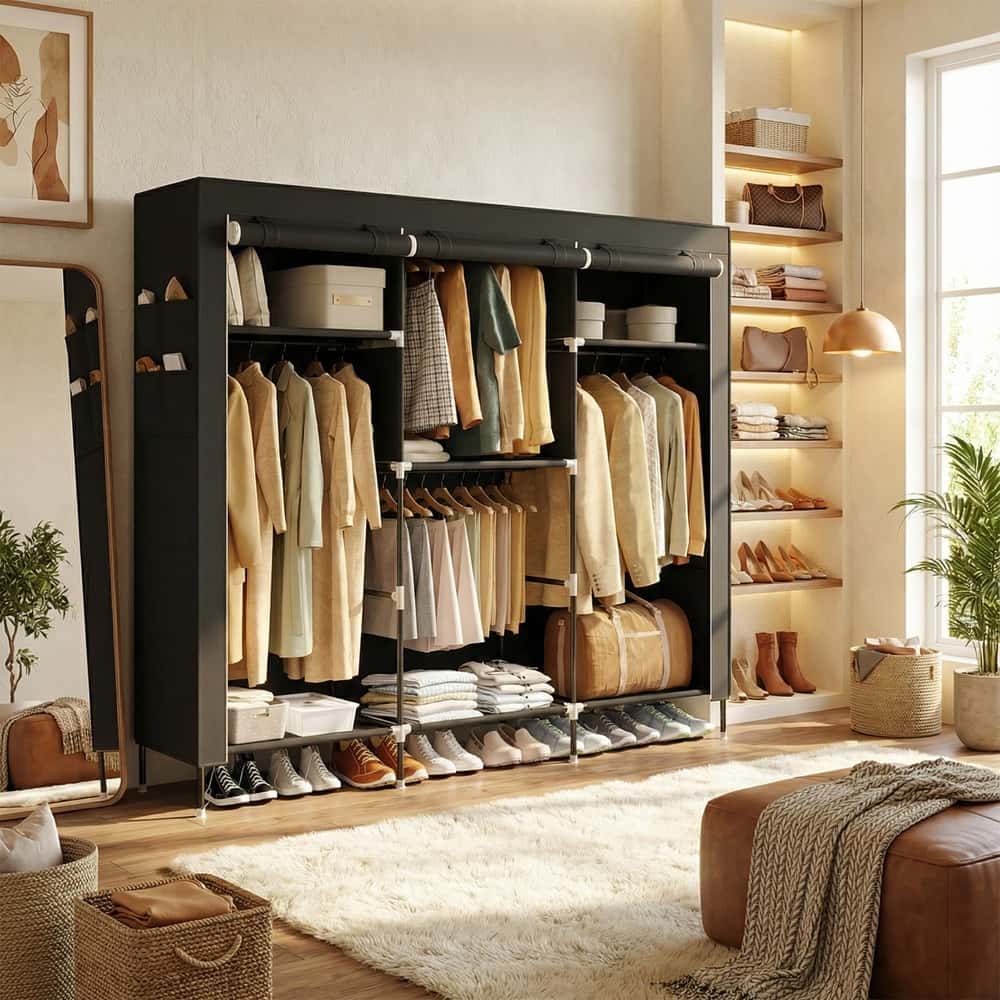 Stoffschrank mit Kleiderstange, Kleiderschrank mit Seitentaschen, Schrank für Schlafzimmer Stoffschrank mit Kleiderstange, Kleiderschrank mit Seitentaschen, Schrank für Schlafzimmer