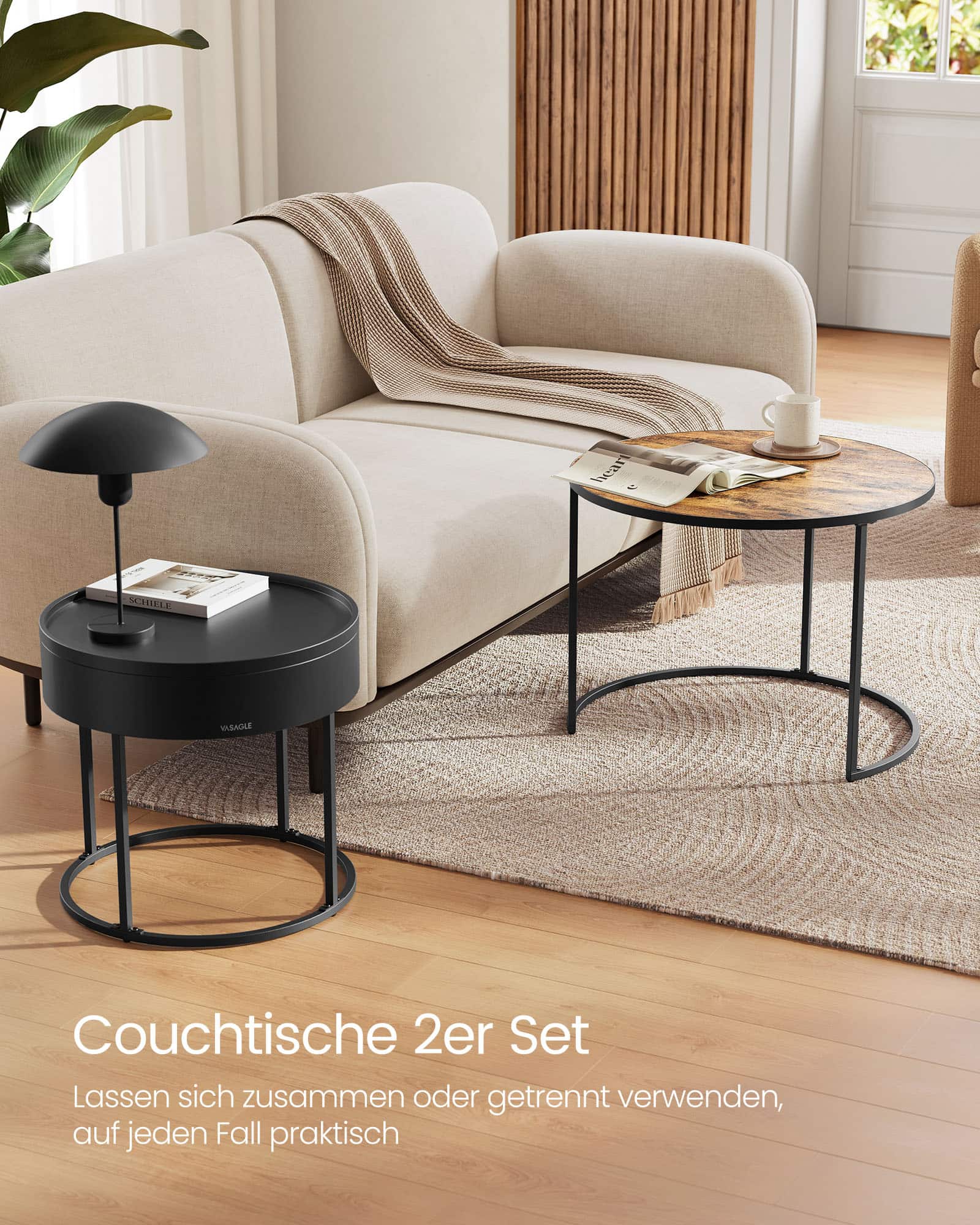 Couchtisch rund 2er Set vintagebraun-tintenschwarz
