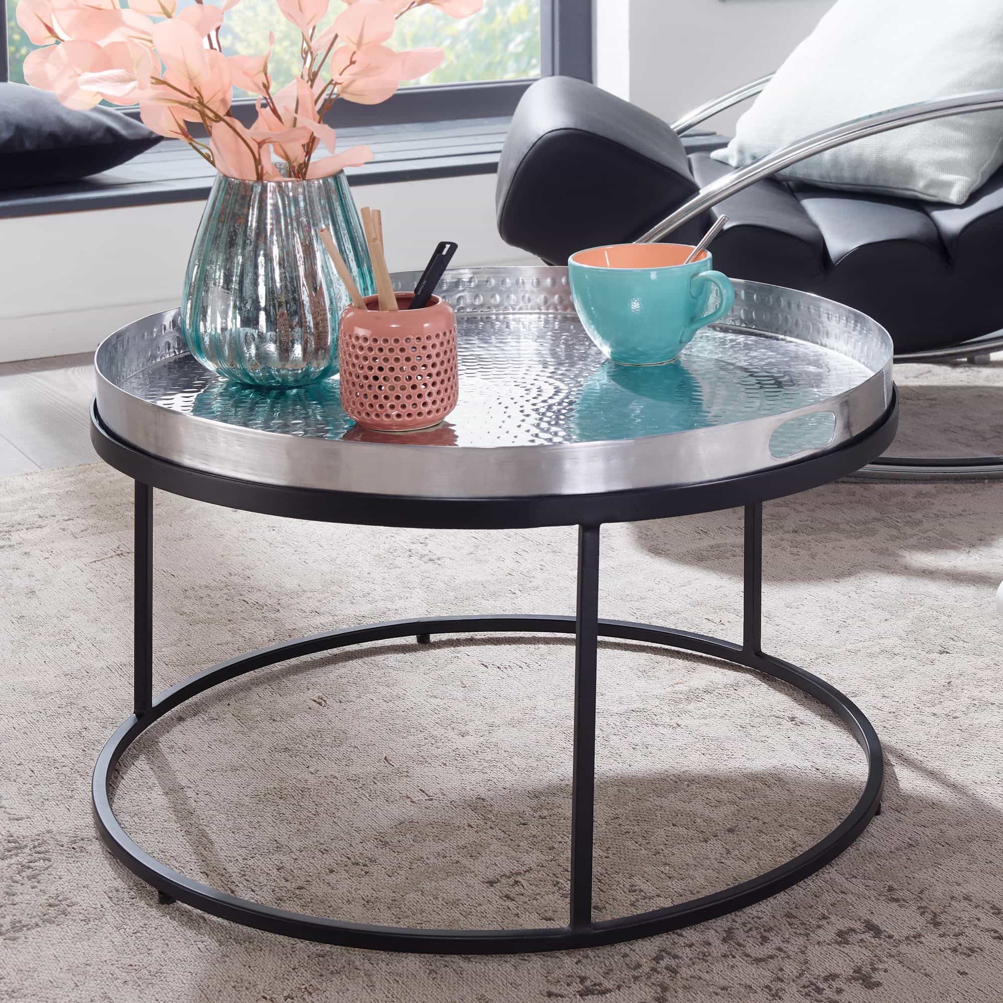 74530-Wohnling-Couchtisch-silber-schwarz-60x60x35-cm-WL6-692-3 Couchtisch Hammerschlag Metall 62x62x36 cm Sofatisch Aluminium Silber Schwarz