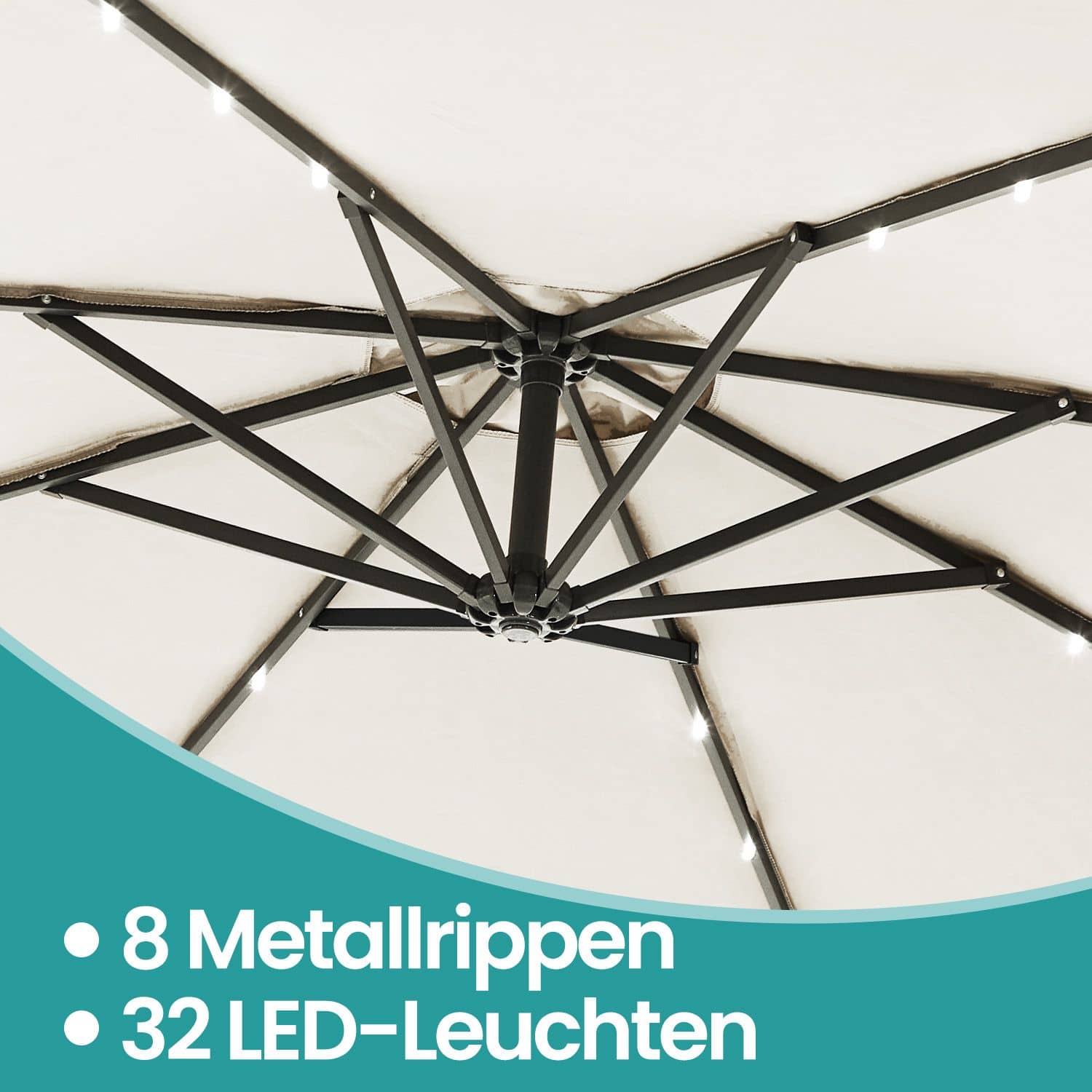 Sonnenschirm mit LED-Solar-Beleuchtung, Ampelschirm 300 cm d, 32 LED-Lämpchen Sonnenschirm mit LED-Solar-Beleuchtung, Ampelschirm 300 cm d, 32 LED-Lämpchen