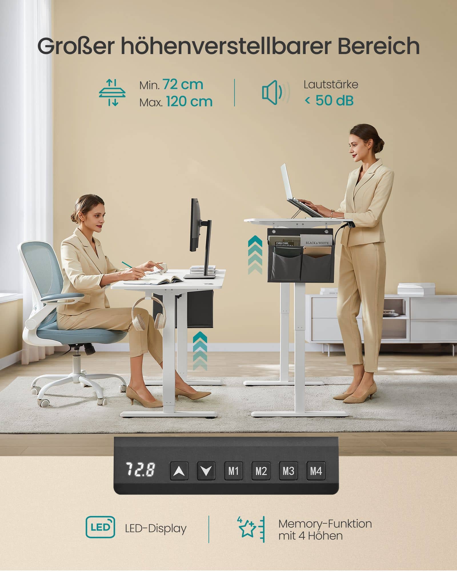 Höhenverstellbarer Schreibtisch elektrisch 70 x 160 x (72-120) cm