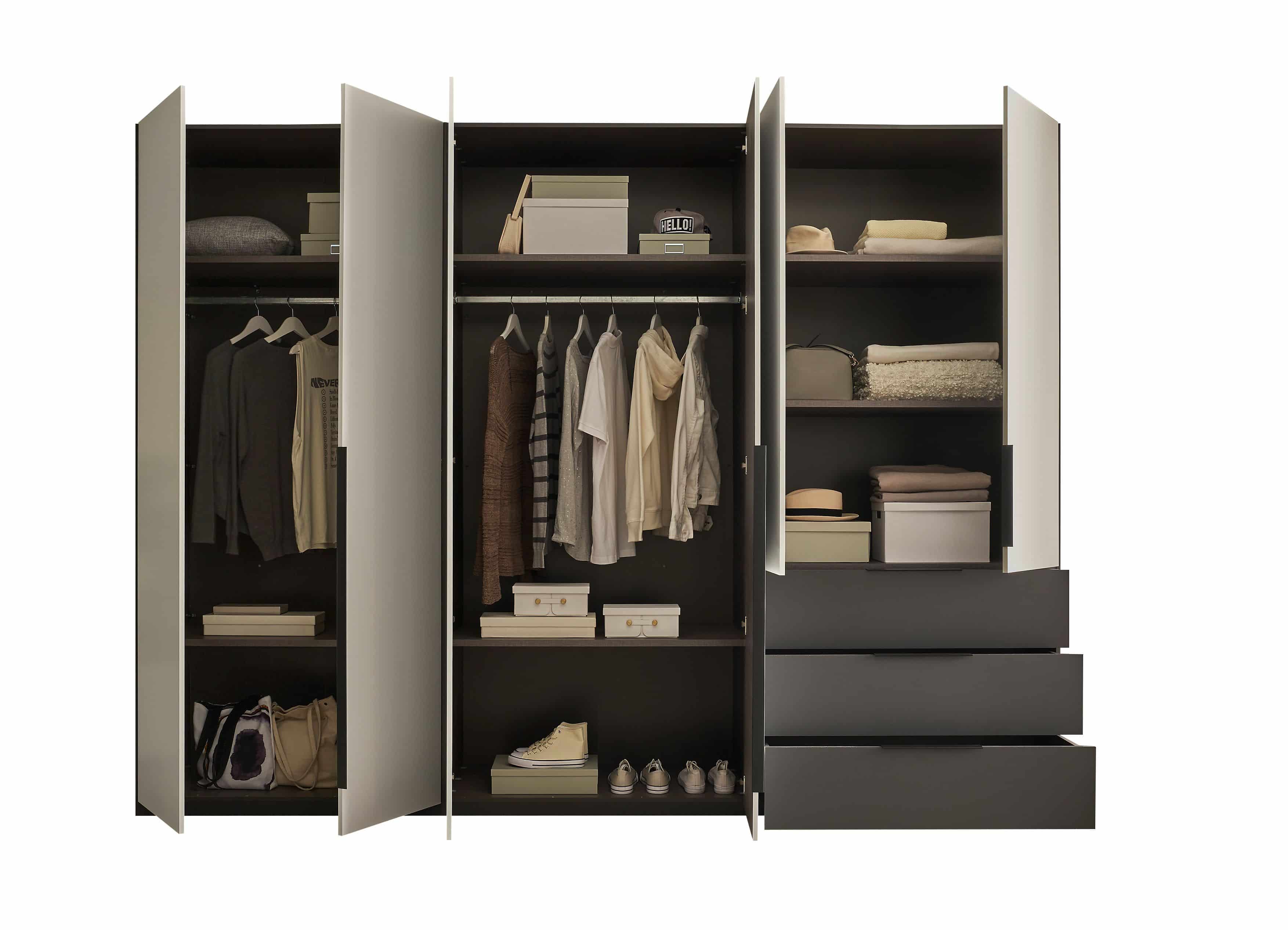 Nuka Kleiderschrank graphitgrau/hellgrau – 300 cm breit, mit Schubladen & Drehtüren, modernes Design Nuka Kleiderschrank graphitgrau/hellgrau – 300 cm breit, mit Schubladen & Drehtüren, modernes Design