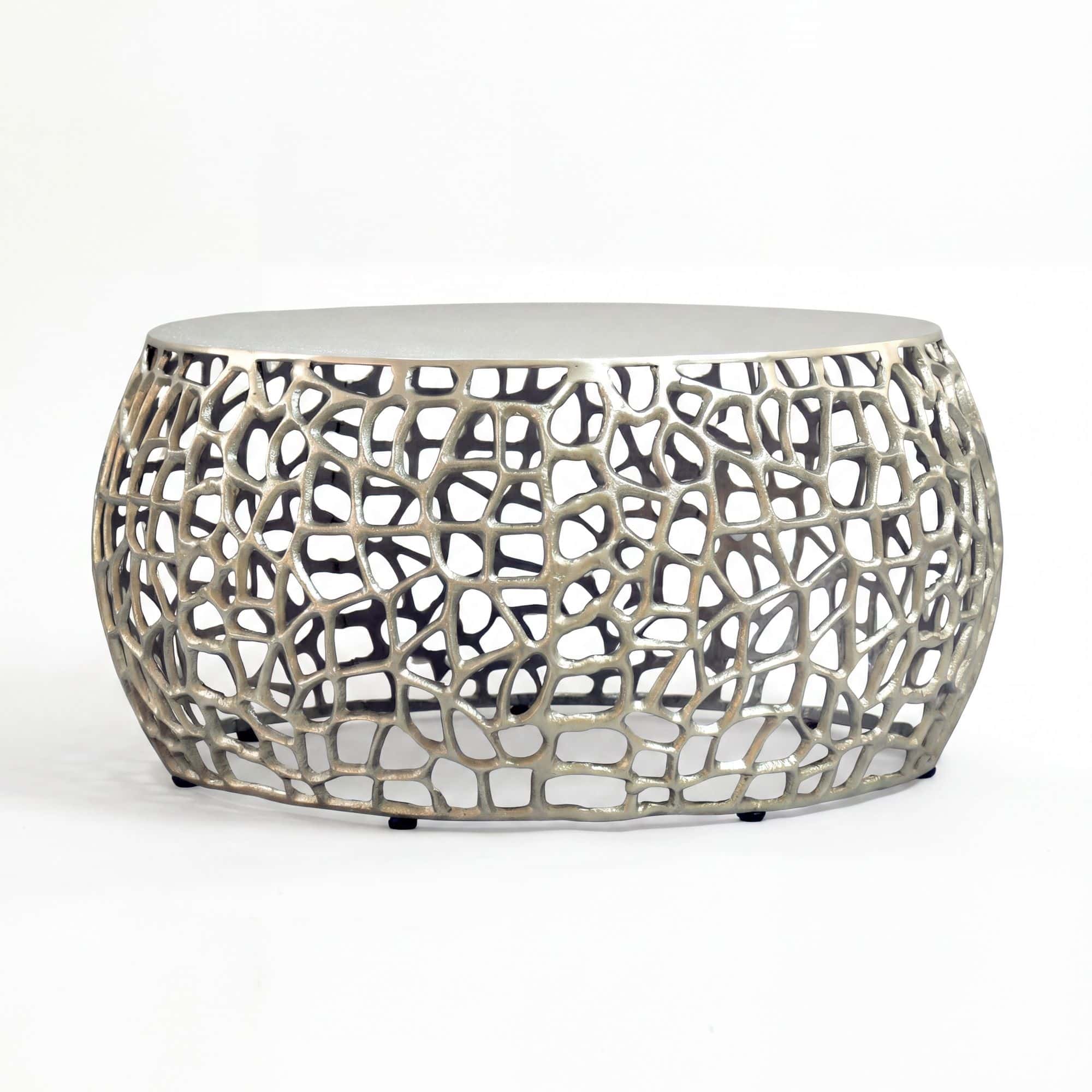 Couchtisch Metall Silber 60cm Sofatisch Aluminium Rund - Design Wohnzimmertisch mit Ast Struktur - Kleiner Kaffeetisch Modern - Beistelltisch Anstelltisch Wohnzimmer Handmade