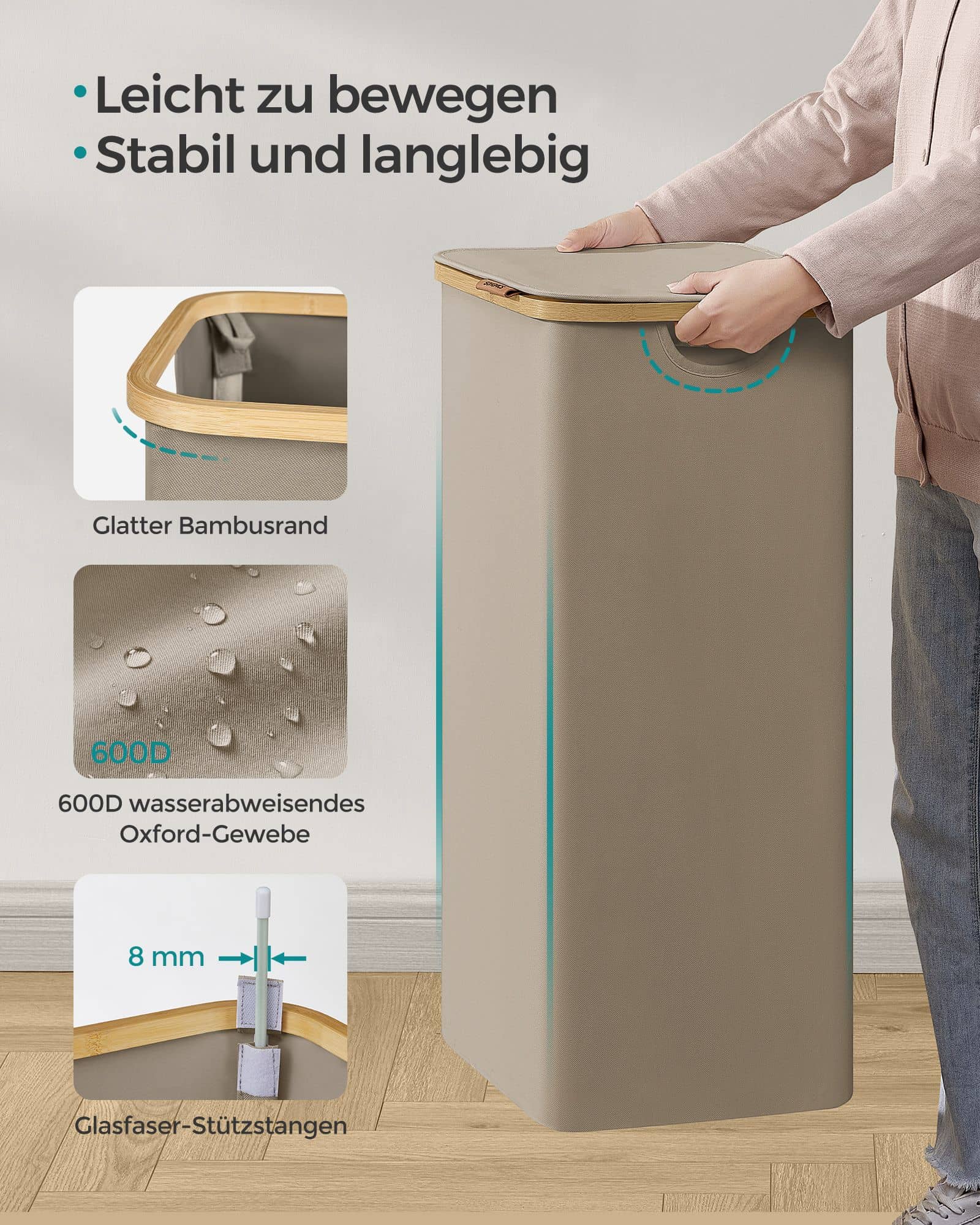 Wäschekorb 90 Liter mit herausnehmbarem Wäschesack kamelbraun