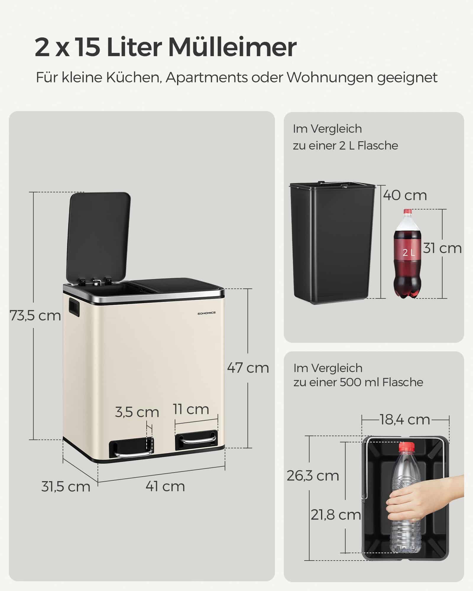 Mülltrennsystem 3 Fächer 3 x 18 L mit Deckel sandbeige-tintenschwarz-LTB30A02 Mülltrennsystem 3 Fächer 3 x 18 L mit Deckel sandbeige-tintenschwarz-LTB30A02