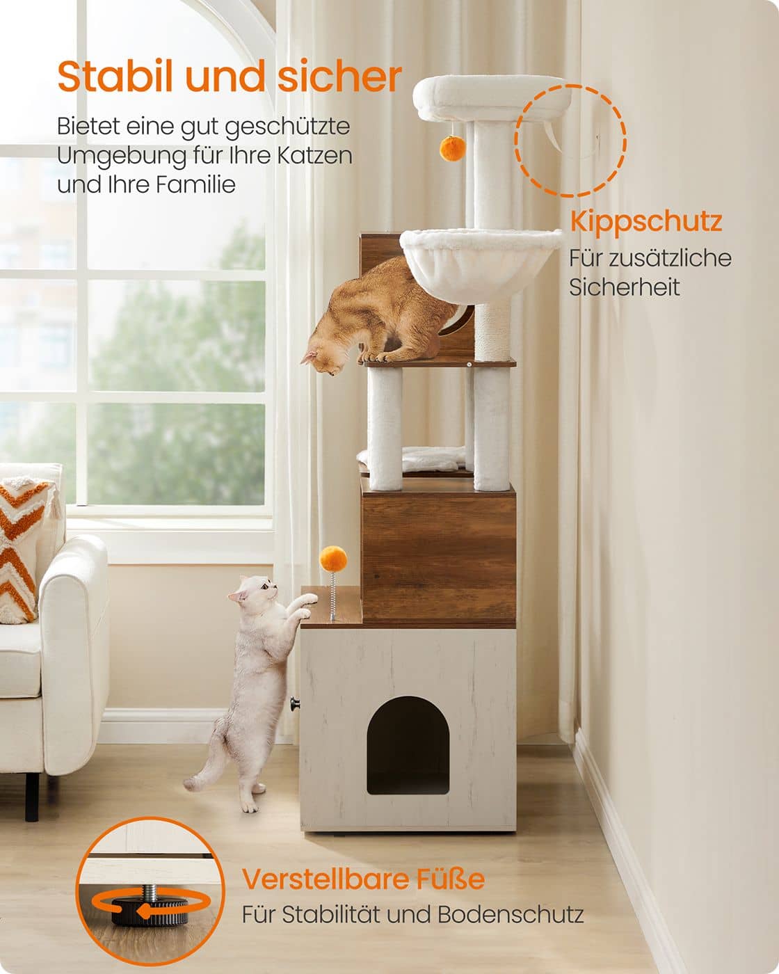 2-in-1-Kratzbaum mit Katzentoilette 180 cm hoch - honigbraun-vintageweiß 2-in-1-Kratzbaum mit Katzentoilette 180 cm hoch - honigbraun-vintageweiß