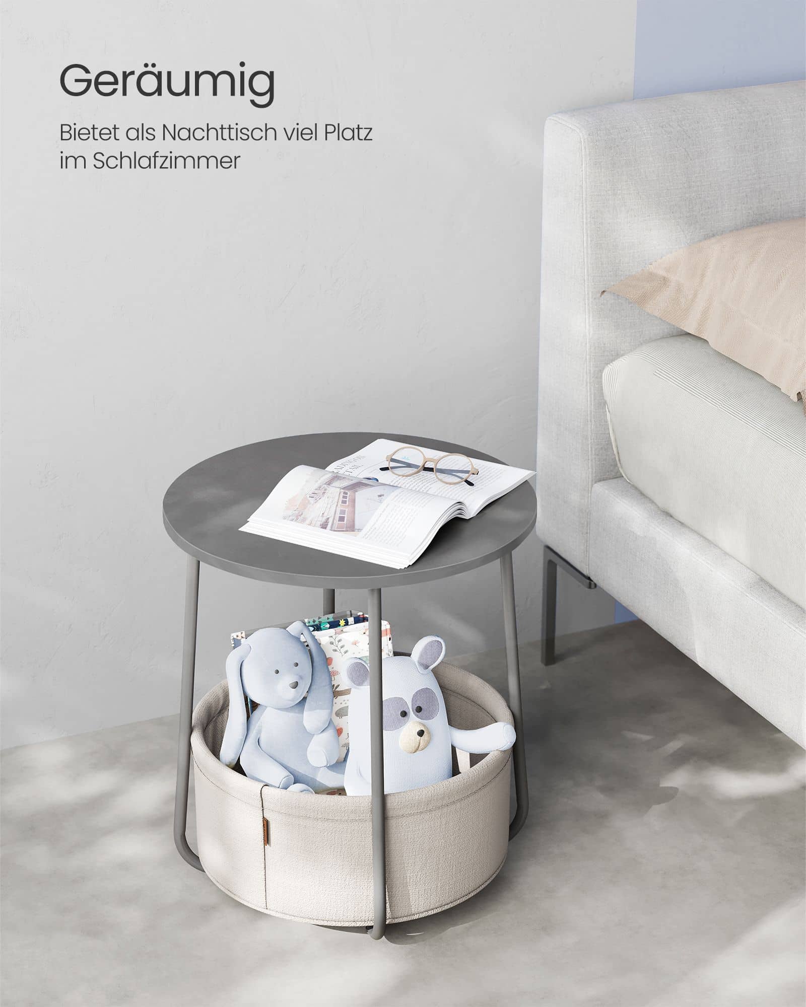 Beistelltisch rund mit Korb aus Stoff Beistelltisch rund mit Korb aus Stoff