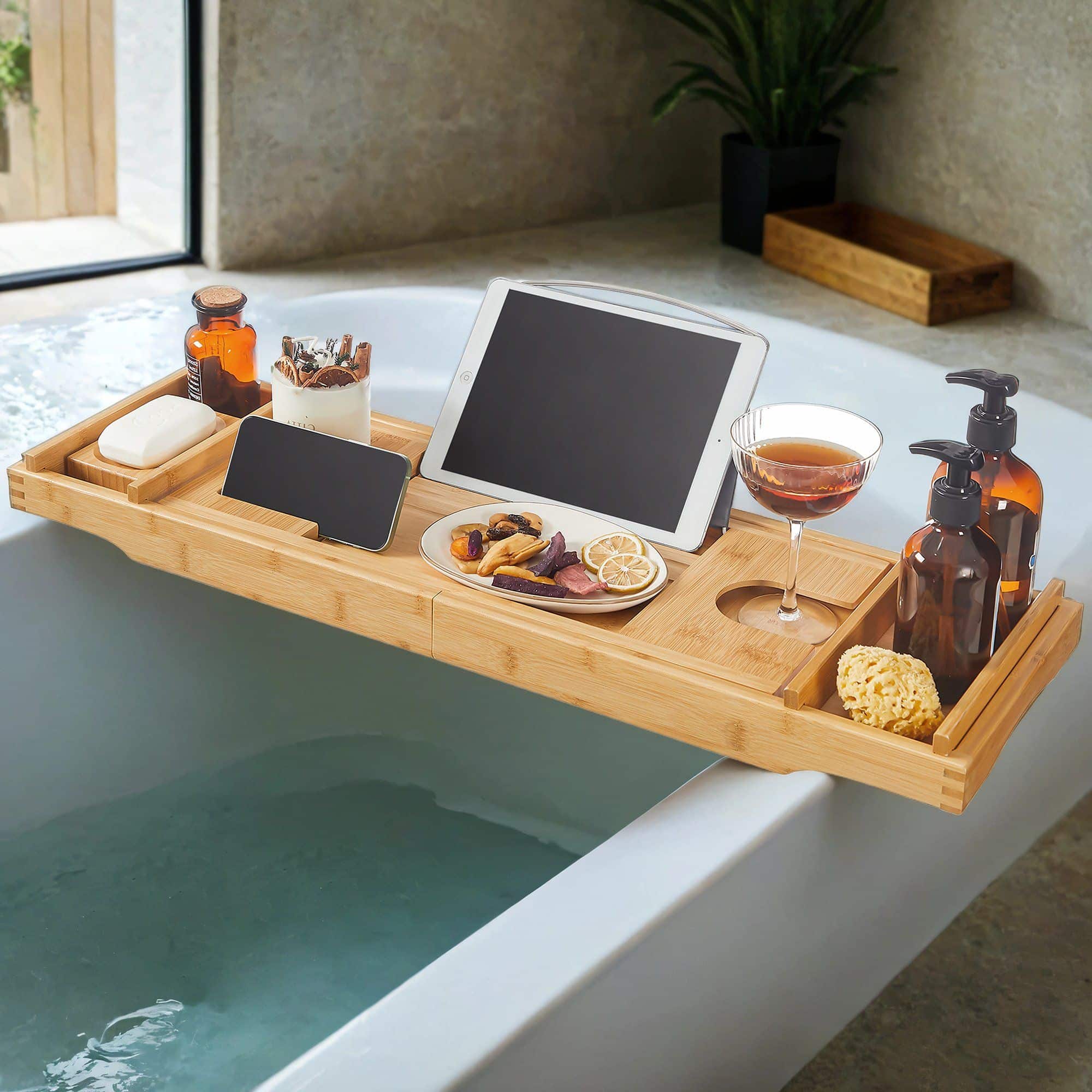 Ausziehbare Badewannenablage aus Bambus verstellbares Badewannenbrett Badewannen Ablagen, mit Getränkehalter, Buchstütze Ausziehbare Badewannenablage aus Bambus verstellbares Badewannenbrett Badewannen Ablagen, mit Getränkehalter, Buchstütze