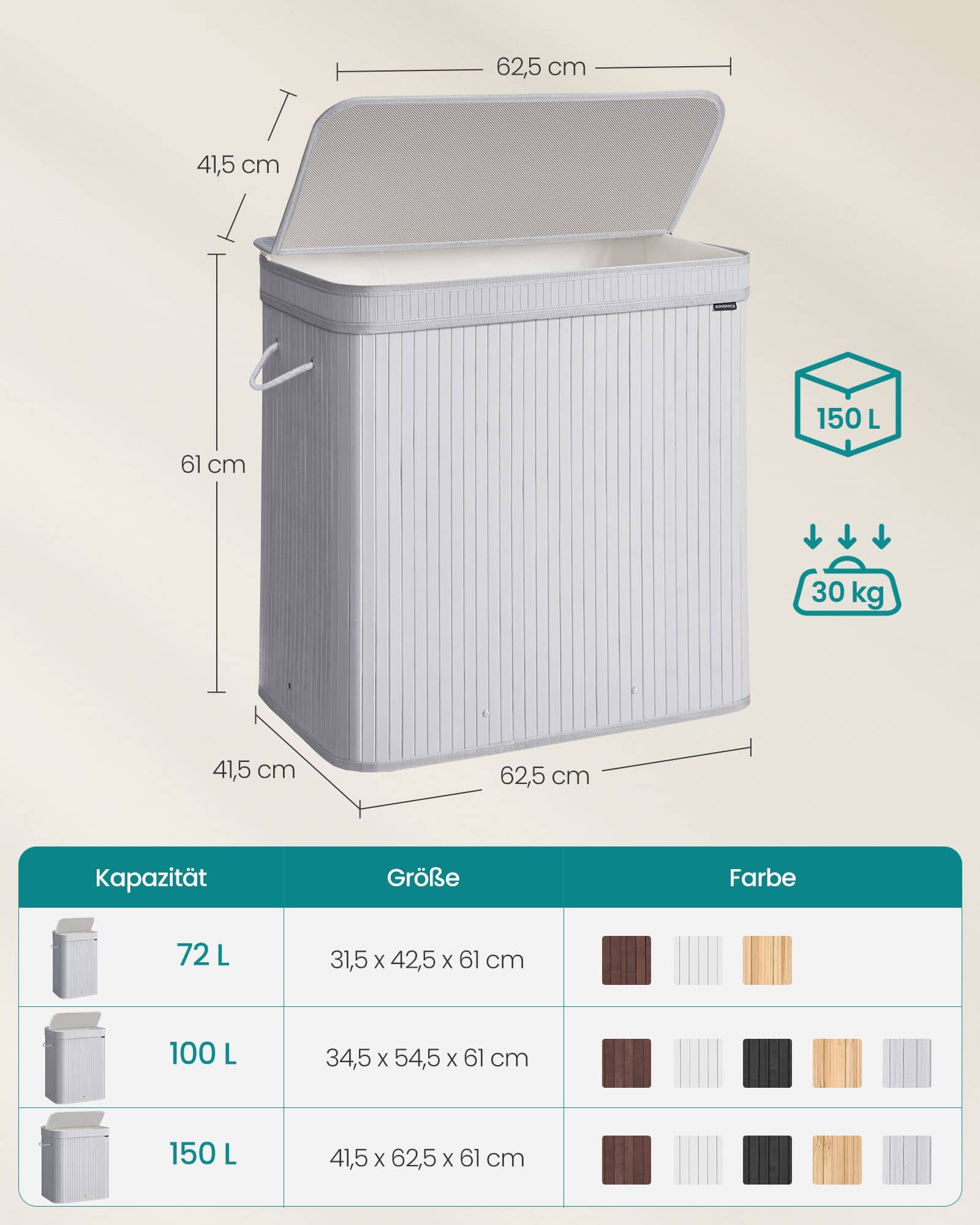 Wäschekorb mit Deckel aus Bambus 150 Liter taubengrau Wäschekorb mit Deckel aus Bambus 150 Liter taubengrau