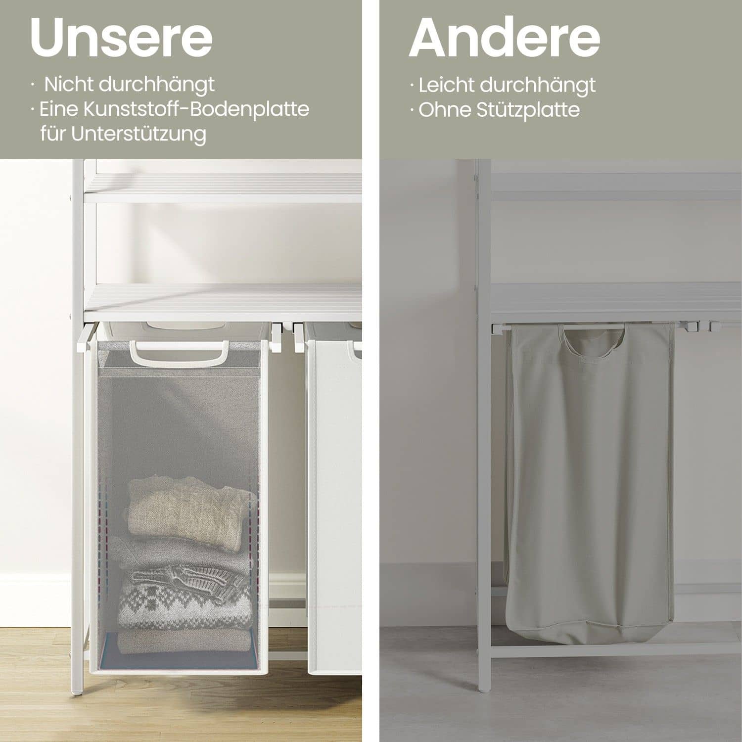 Wäschekorb 2 Fächer, Wäschesammler mit 2 Ablagen, Wäschesack ausziehbar und abnehmbar