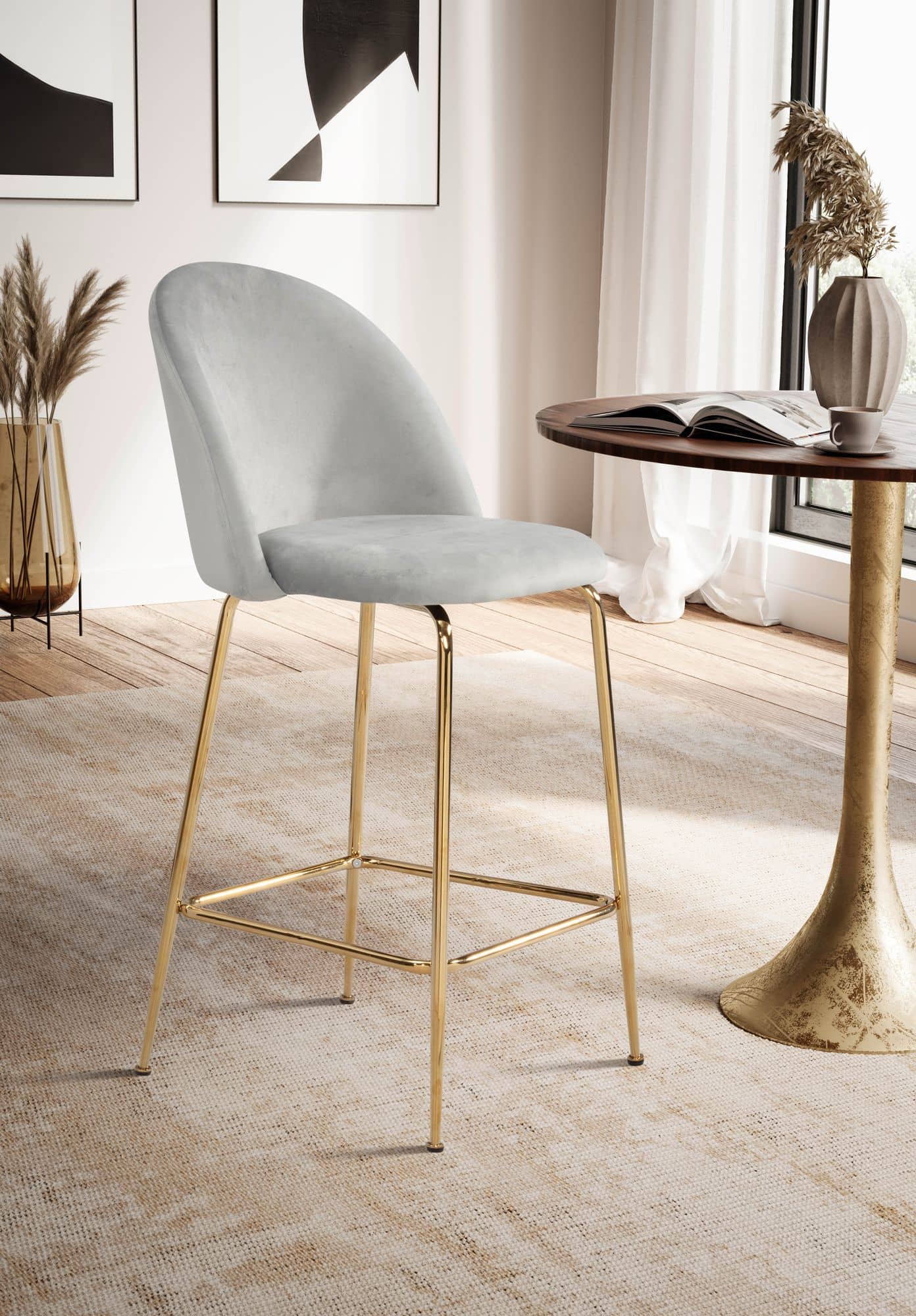 2er Set Barhocker Samt Grau Hocker mit Lehne & goldenen Beinen 2er Set Barhocker Samt Grau Hocker mit Lehne & goldenen Beinen