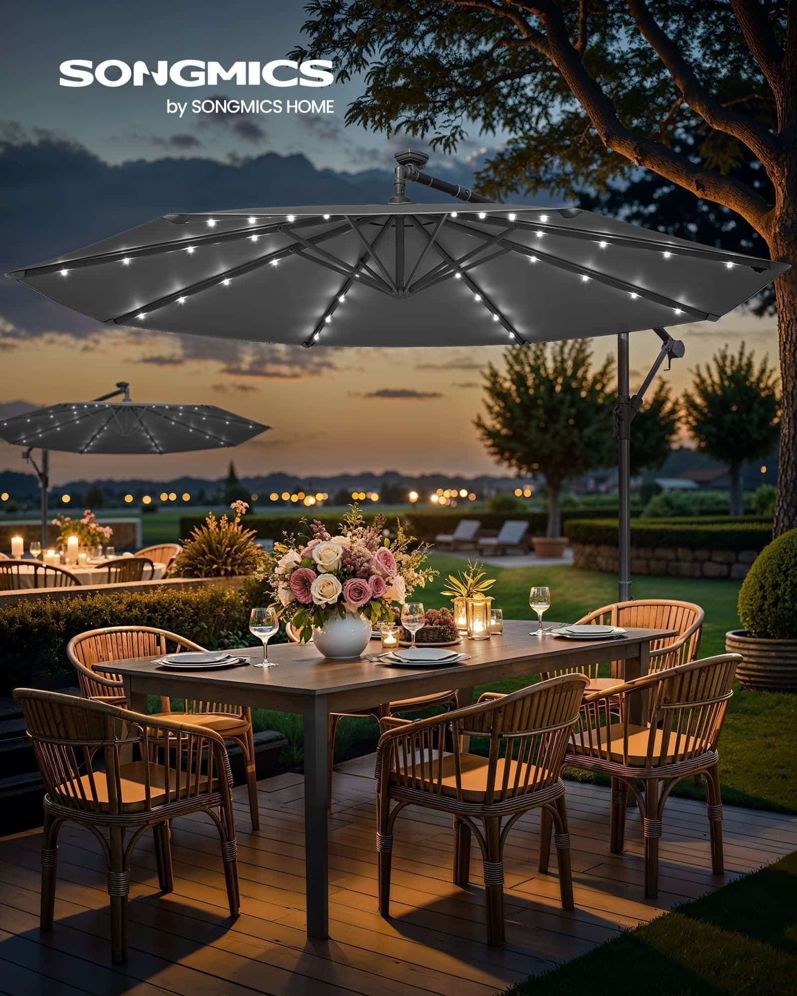 Sonnenschirm mit LED-Solar-Beleuchtung und Ständer Sonnenschirm mit LED-Solar-Beleuchtung und Ständer