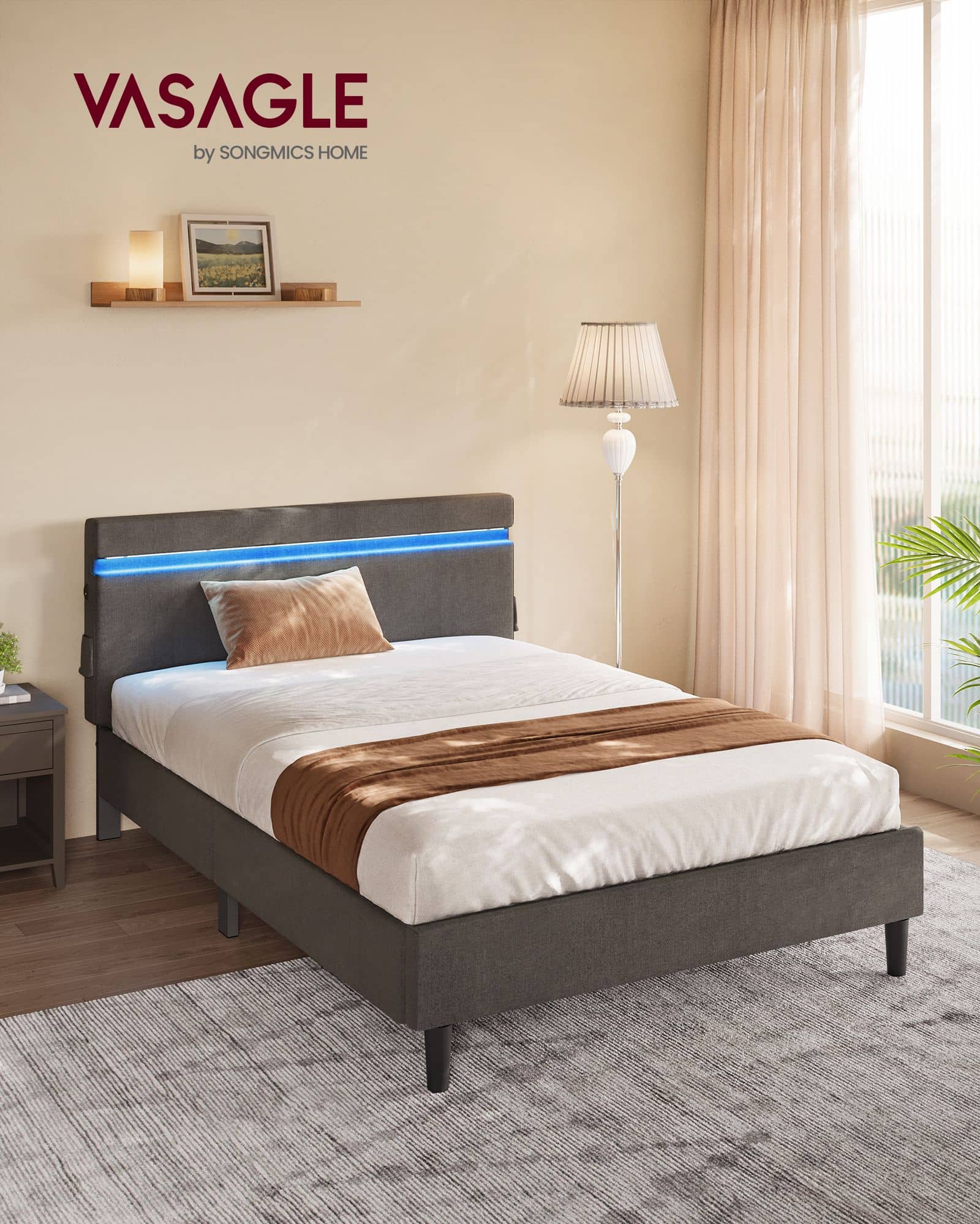 Doppelbett aus Metall 140 x 190 cm LED-Beleuchtung dunkelgrau Doppelbett aus Metall 140 x 190 cm LED-Beleuchtung dunkelgrau