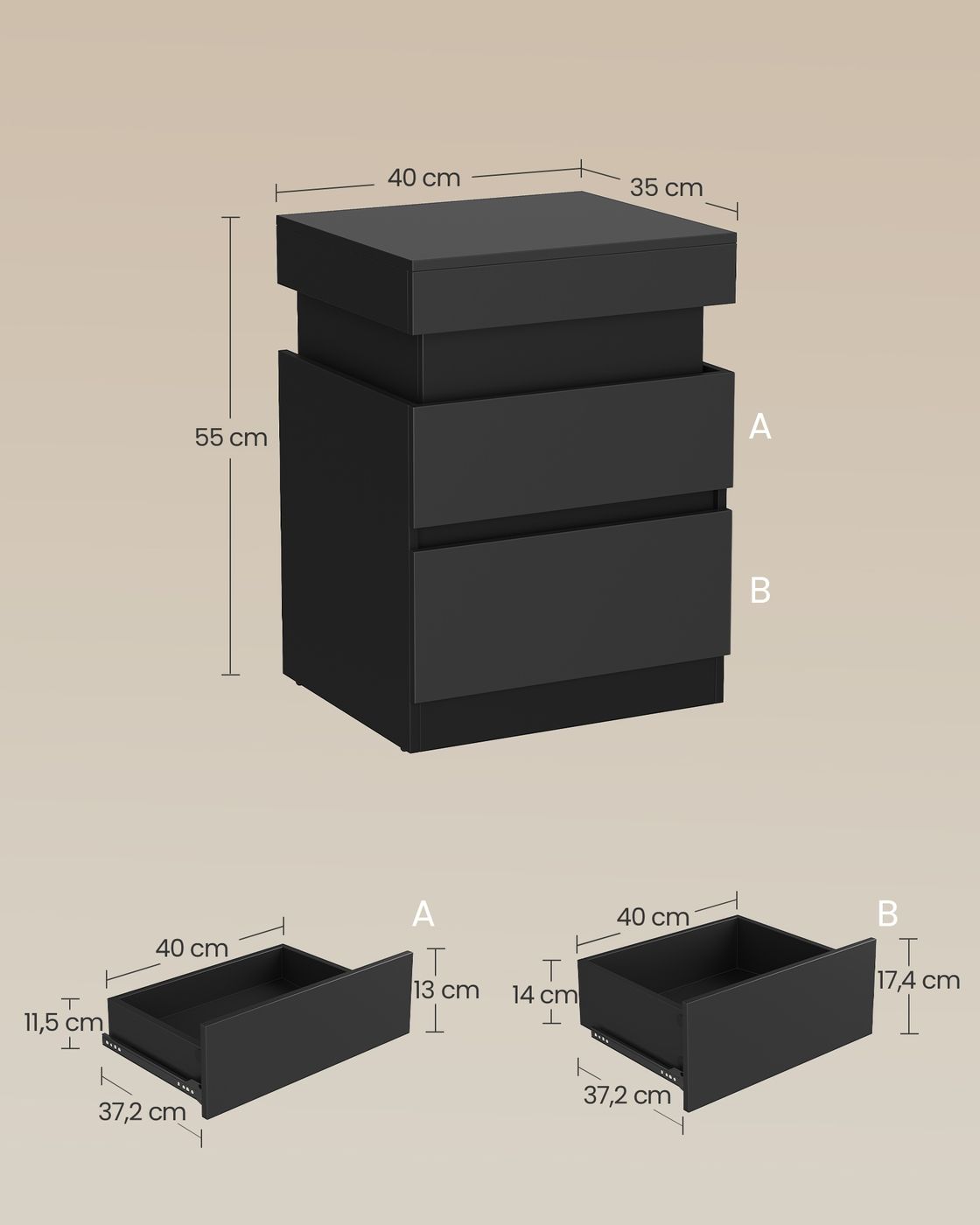 Kailyn Kollektion - Nachttisch mit Steckdosen und LED Beleuchtung tintenschwarz