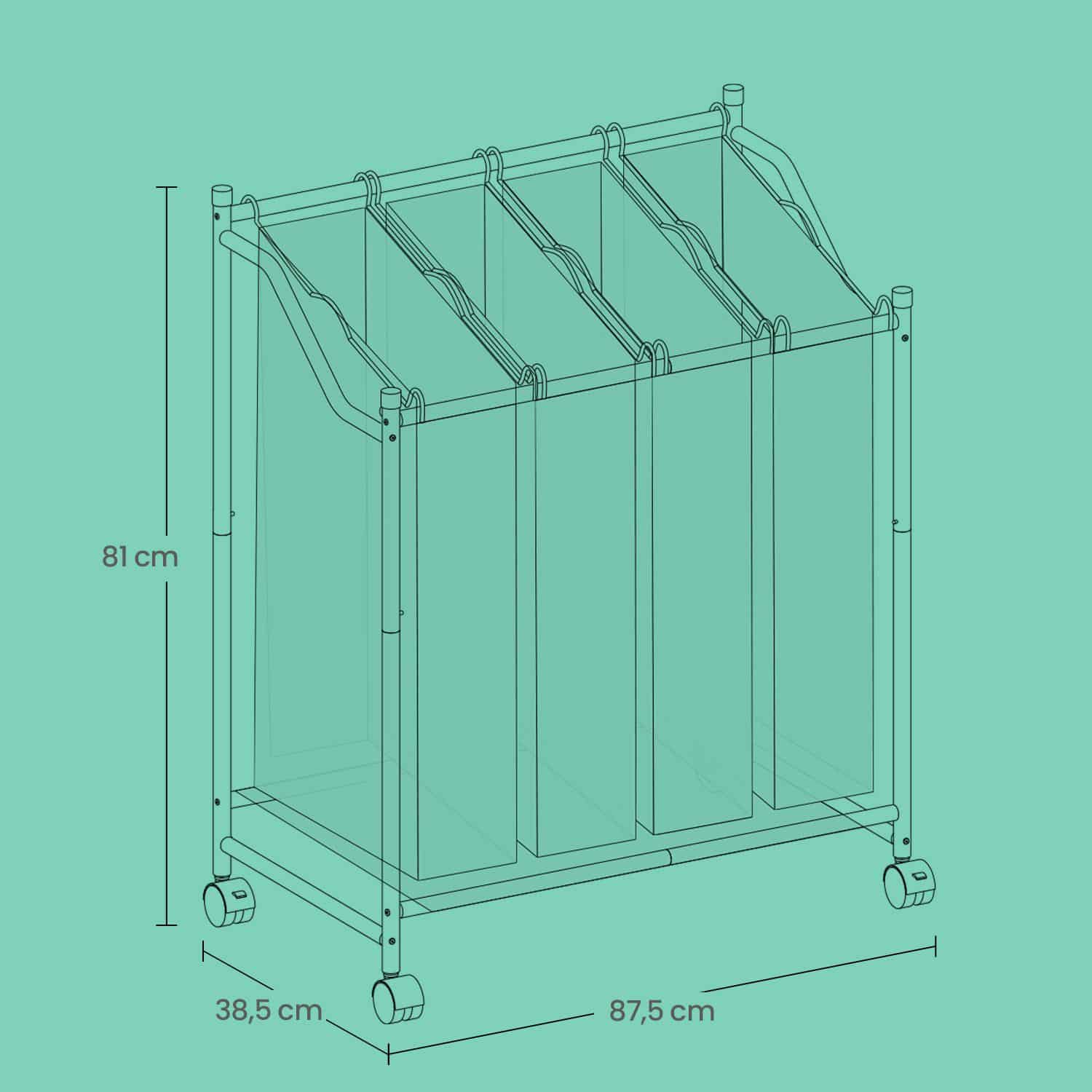 Wäschekorb mit Rollen, 4 x 35 L, Wäschesammler mit 4 abnehmbaren Wäschesäcken