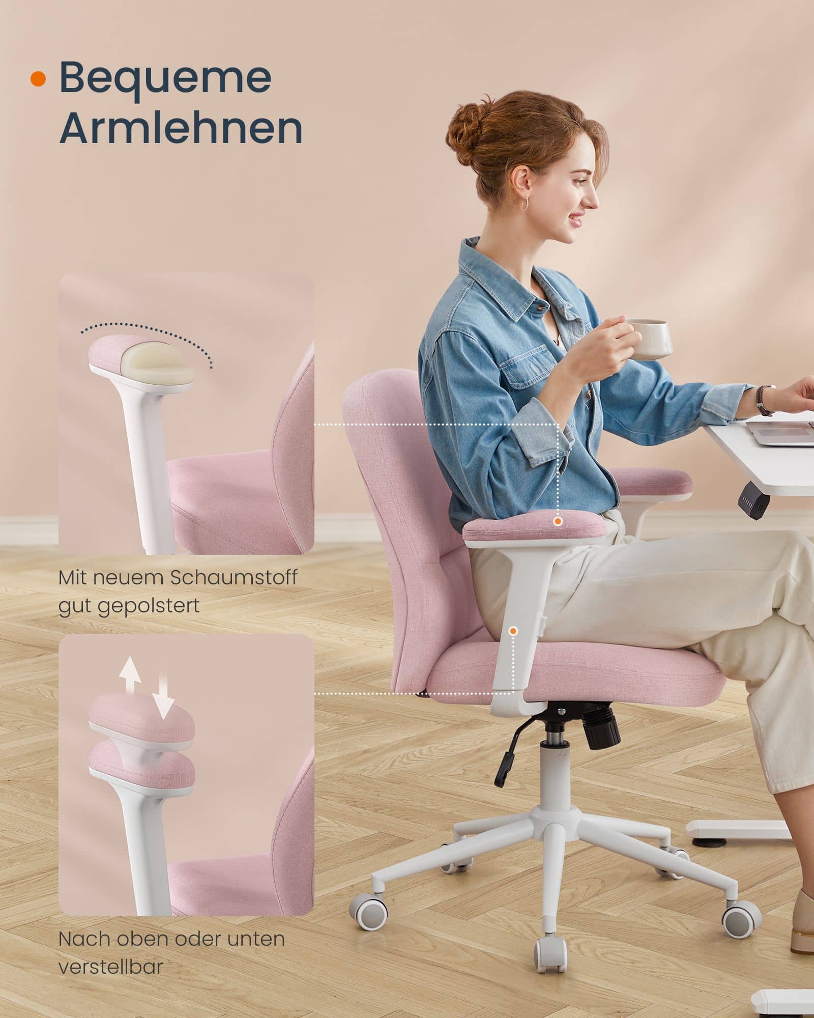 Schreibtischstuhl mit verstellbaren Armlehnen pastellrosa Schreibtischstuhl mit verstellbaren Armlehnen pastellrosa