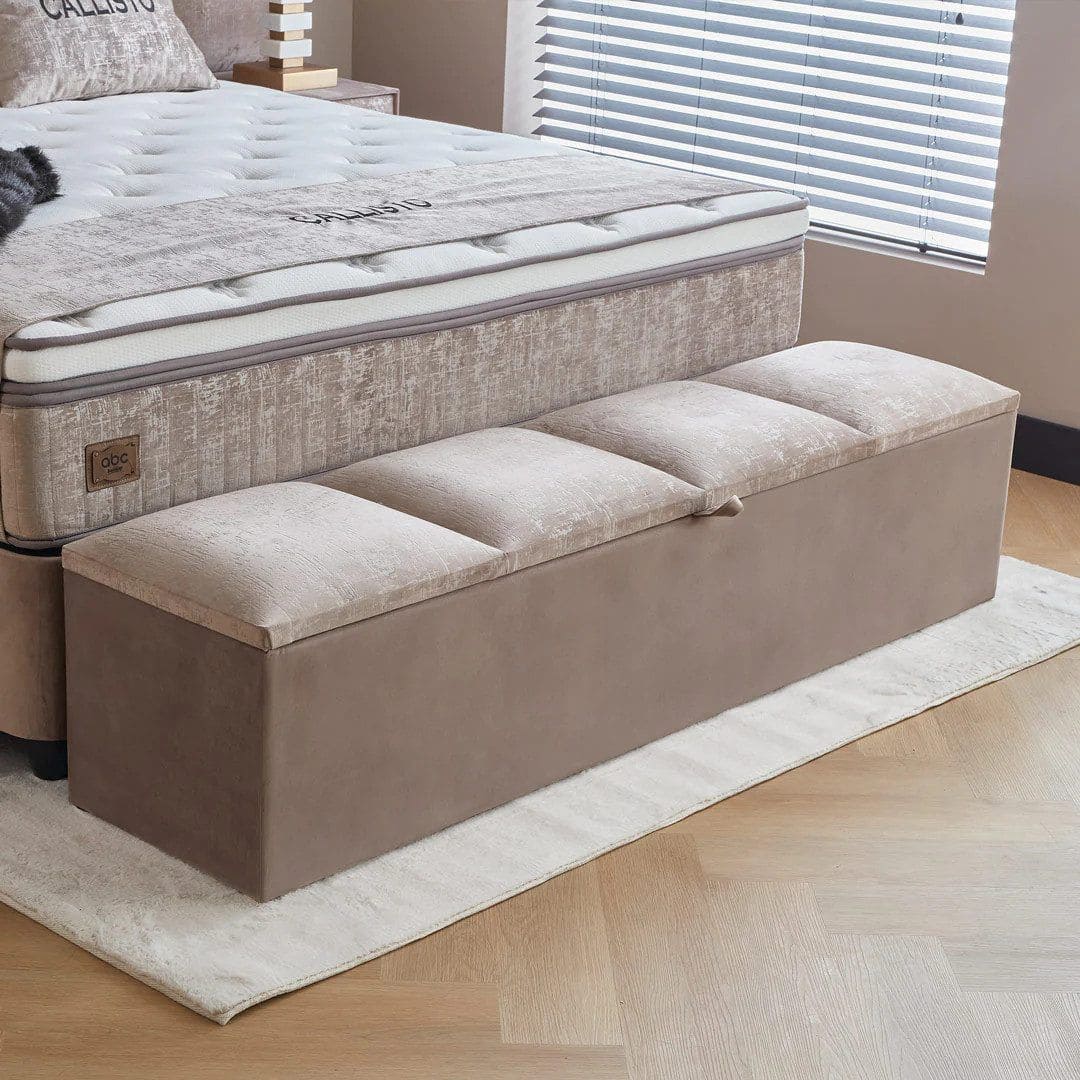 Boxspringbett Calisto Beige – ABC Bedding mit Stauraum & Samtbezug Boxspringbett Calisto Beige – ABC Bedding mit Stauraum & Samtbezug