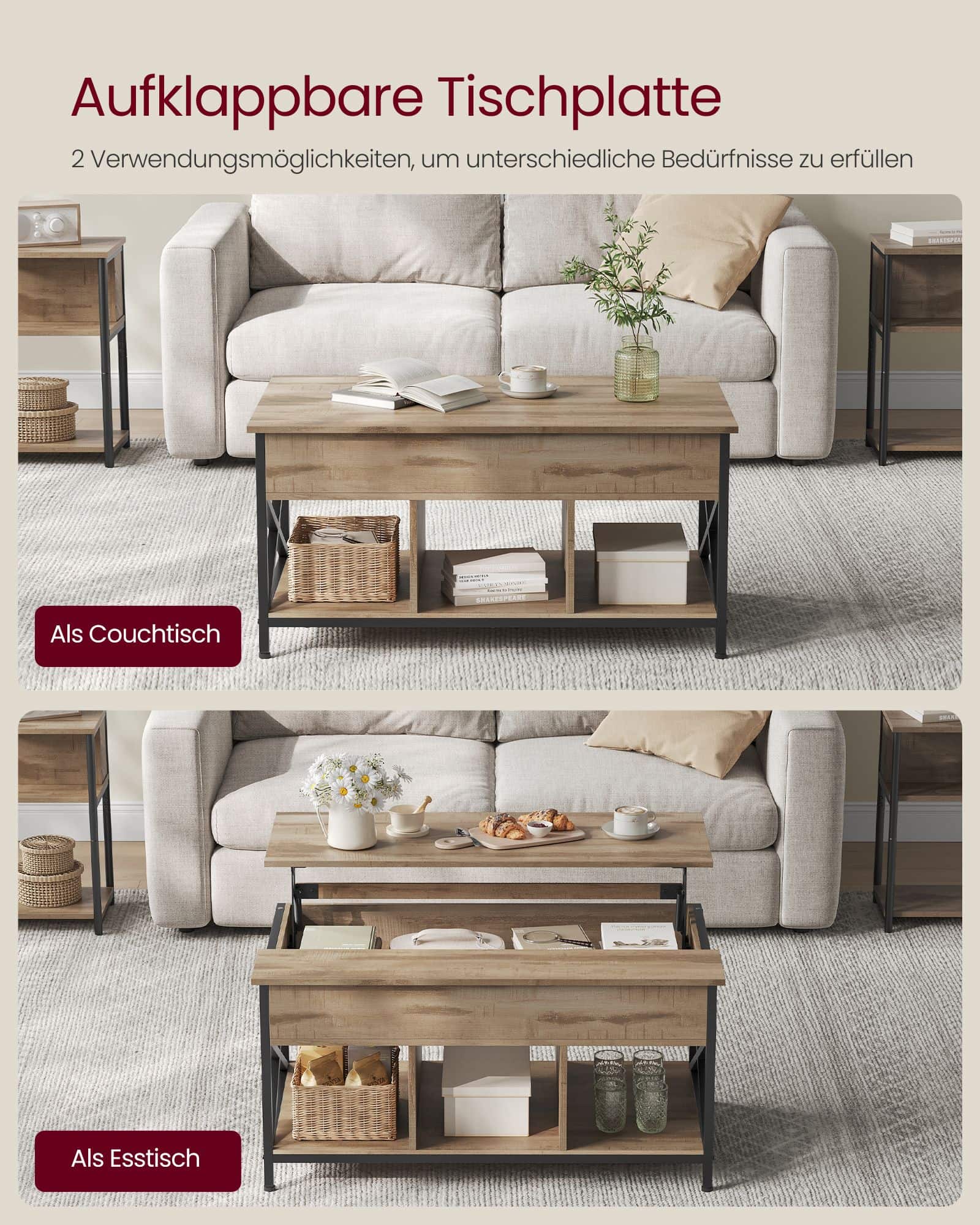 Couchtisch höhenverstellbar kamelbraun-schwarz-B34LCT205K50 Couchtisch höhenverstellbar kamelbraun-schwarz-B34LCT205K50