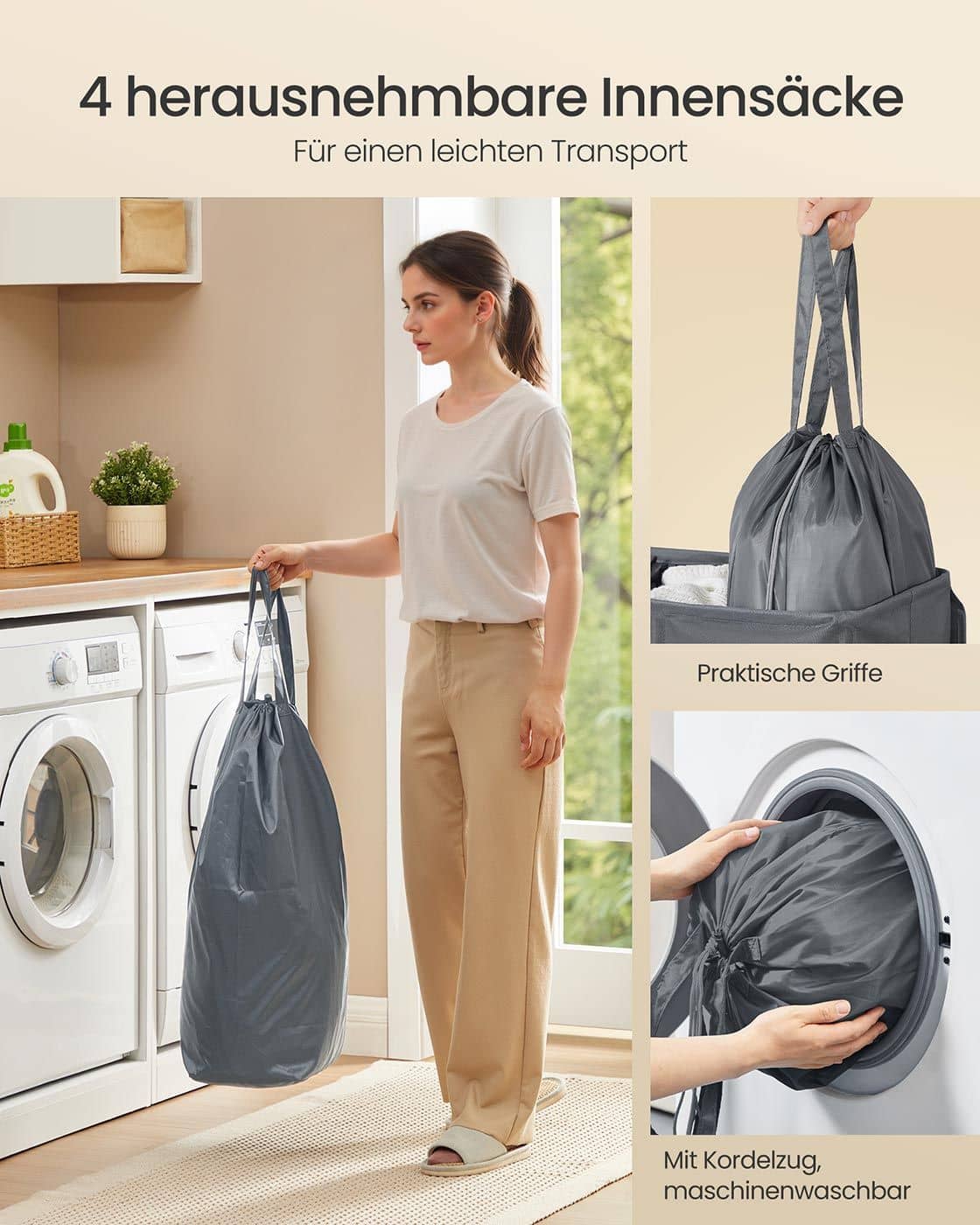 Wäschekorb mit drei Fächern Deckel und waschbarem Innensack Wäschekorb mit drei Fächern Deckel und waschbarem Innensack