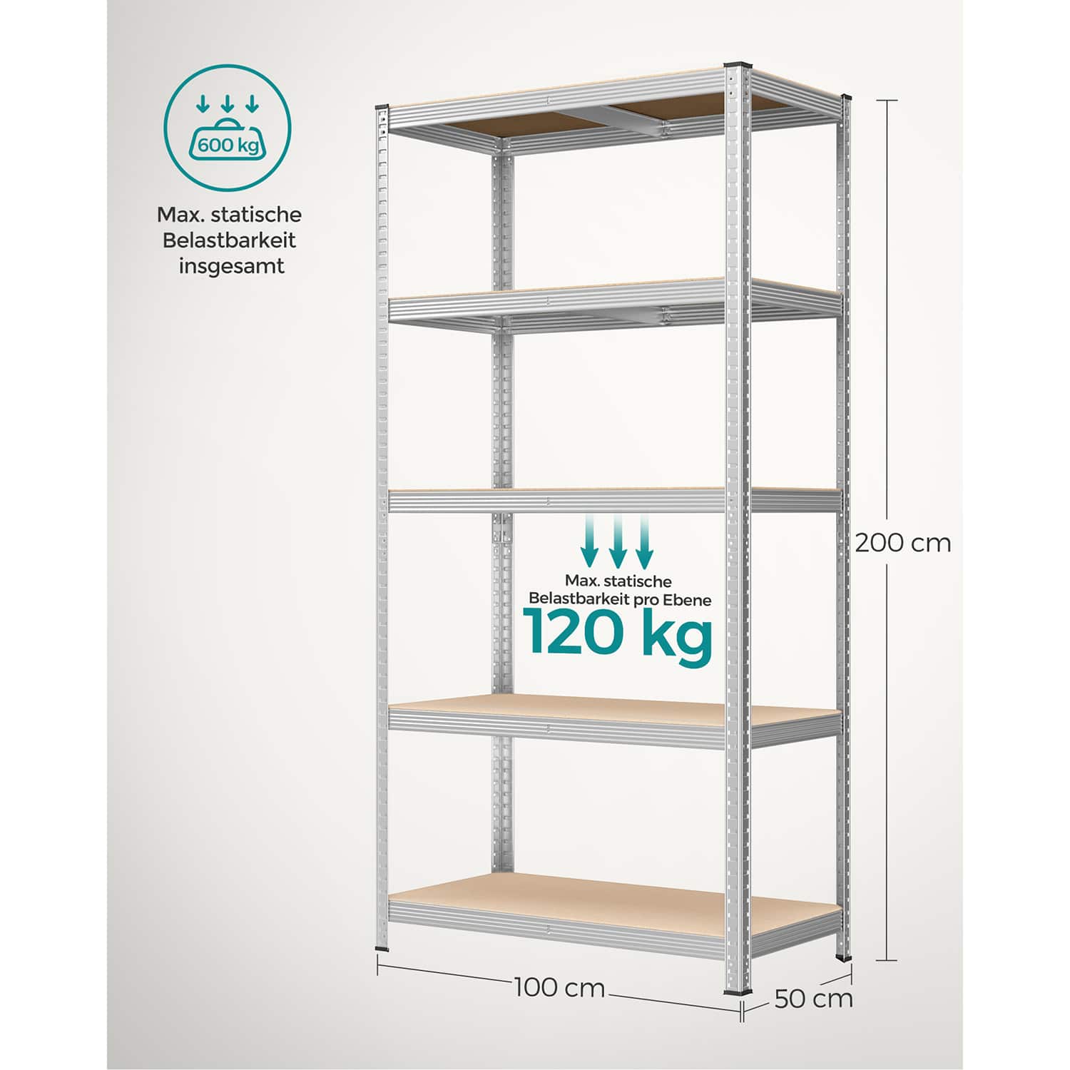 Lagerregale 2er Set, 200 x 100 x 50 cm silbern-B34GLR050E02 Lagerregale 2er Set, 200 x 100 x 50 cm silbern-B34GLR050E02