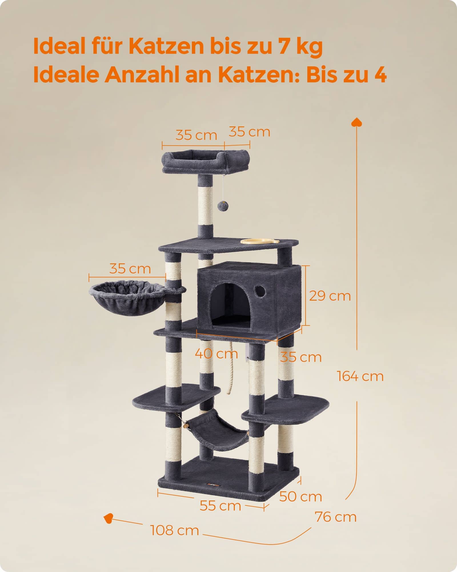 Kratzbaum mit Fressnapf 174 cm Grau-PCT99G Kratzbaum mit Fressnapf 174 cm Grau-PCT99G