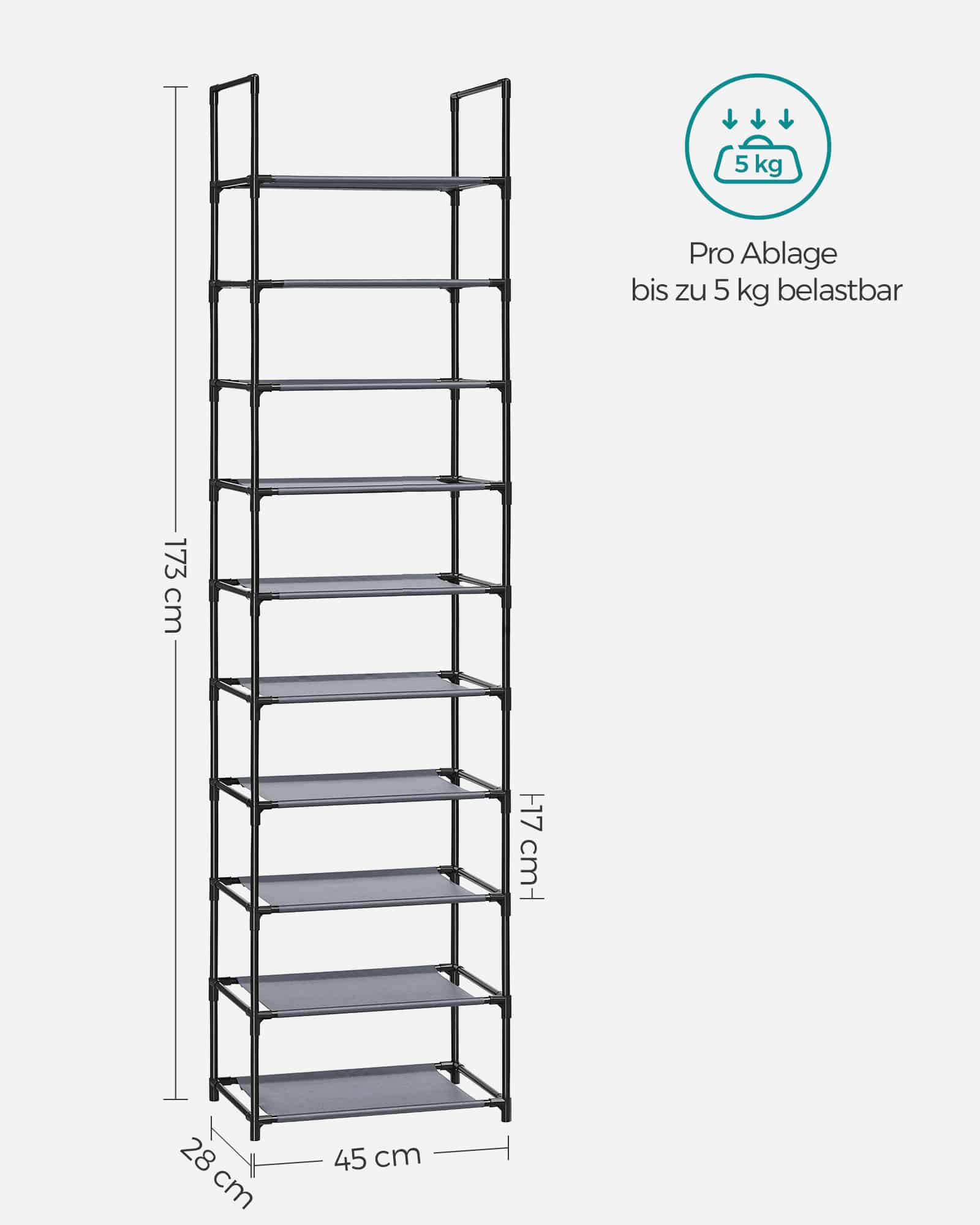Schuhregal schmal Ablagen aus Vliesstoff grau