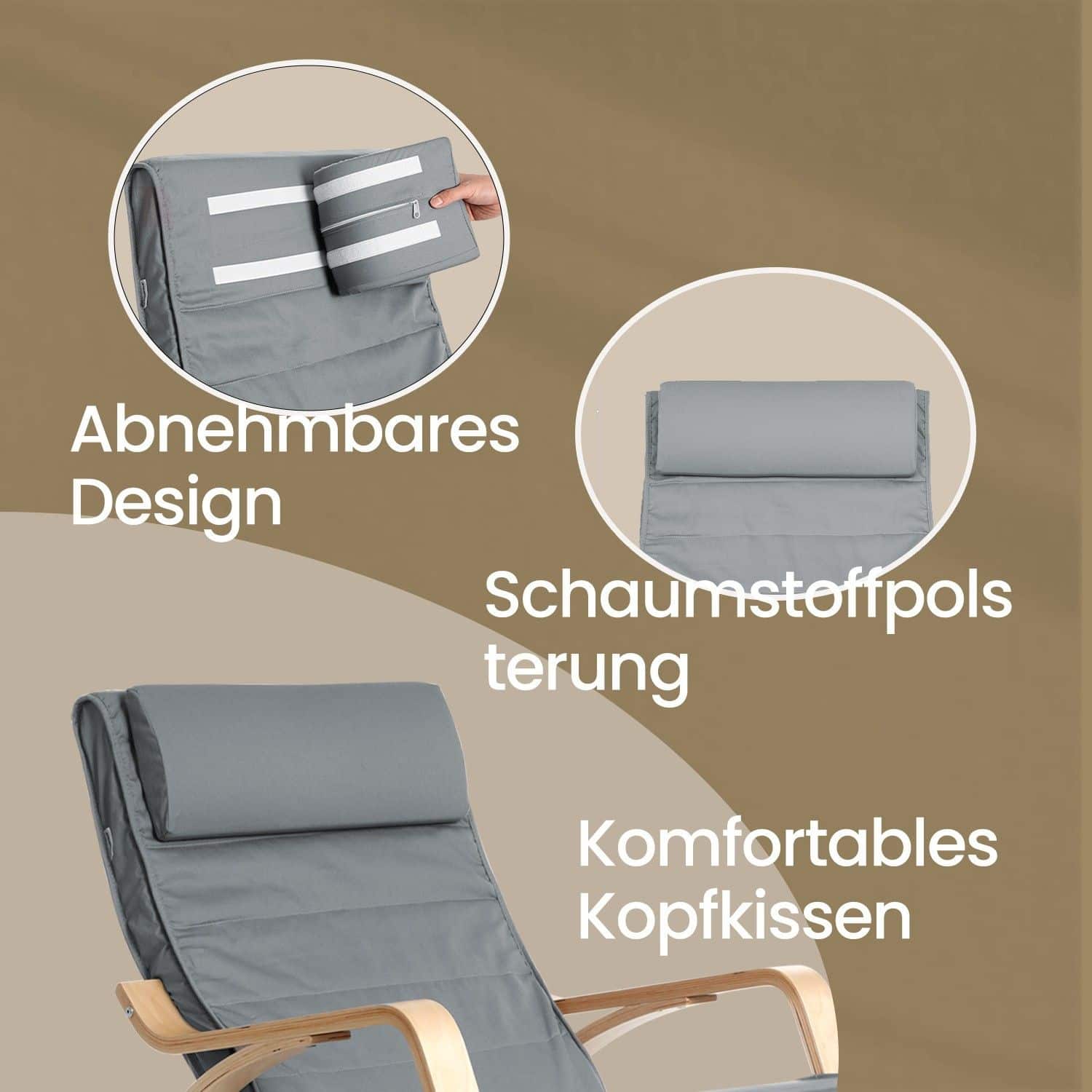 Schaukelstuhl mit 5-stufig verstellbarer Fußstütze, Schaukelsessel mit Armlehnen aus Birkenholz, für Wohnzimmer Schaukelstuhl mit 5-stufig verstellbarer Fußstütze, Schaukelsessel mit Armlehnen aus Birkenholz, für Wohnzimmer