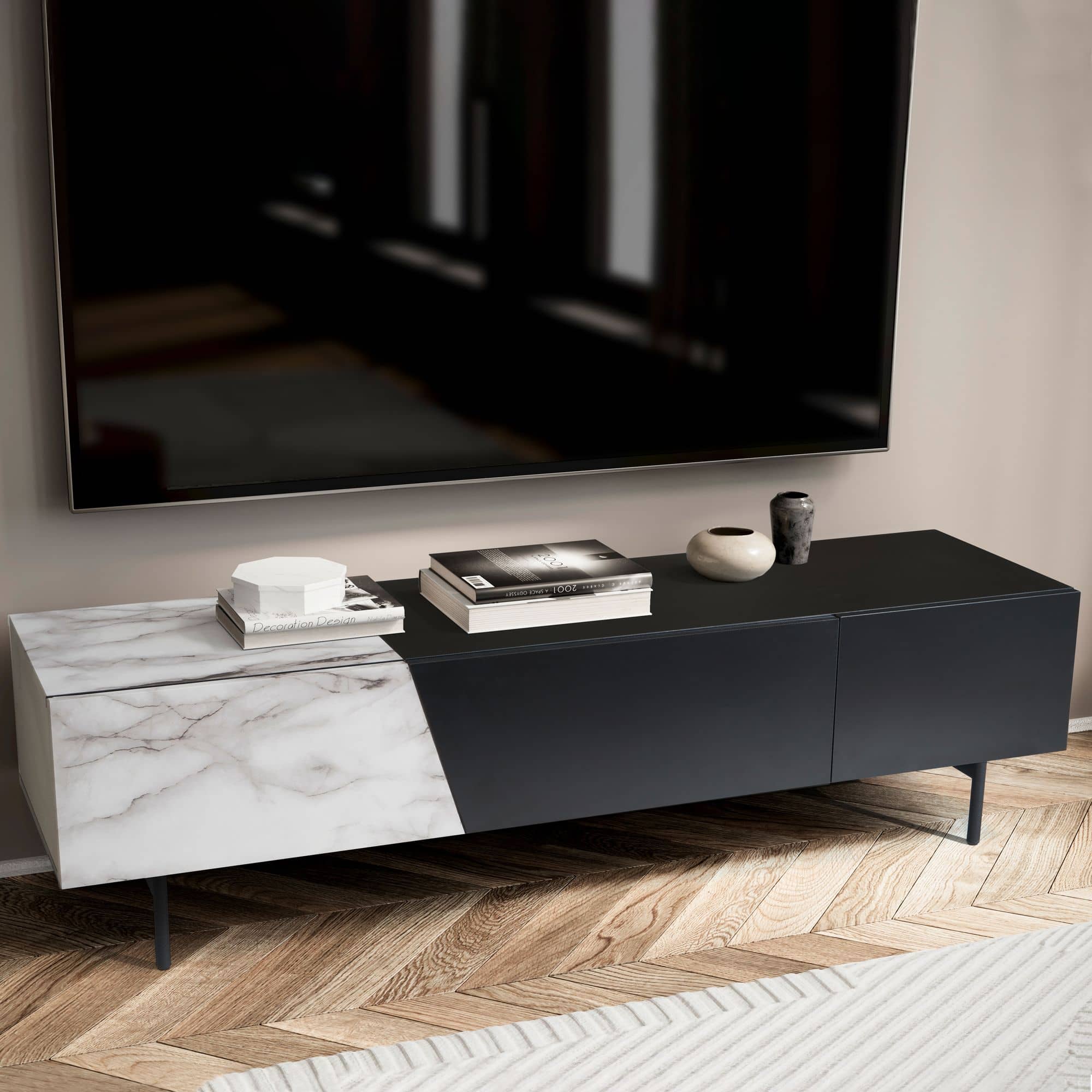 Lowboard Schwarz mit Marmor-Dekor in Weiß 150x40x40 cm TV-Kommode Modern Lowboard Schwarz mit Marmor-Dekor in Weiß 150x40x40 cm TV-Kommode Modern