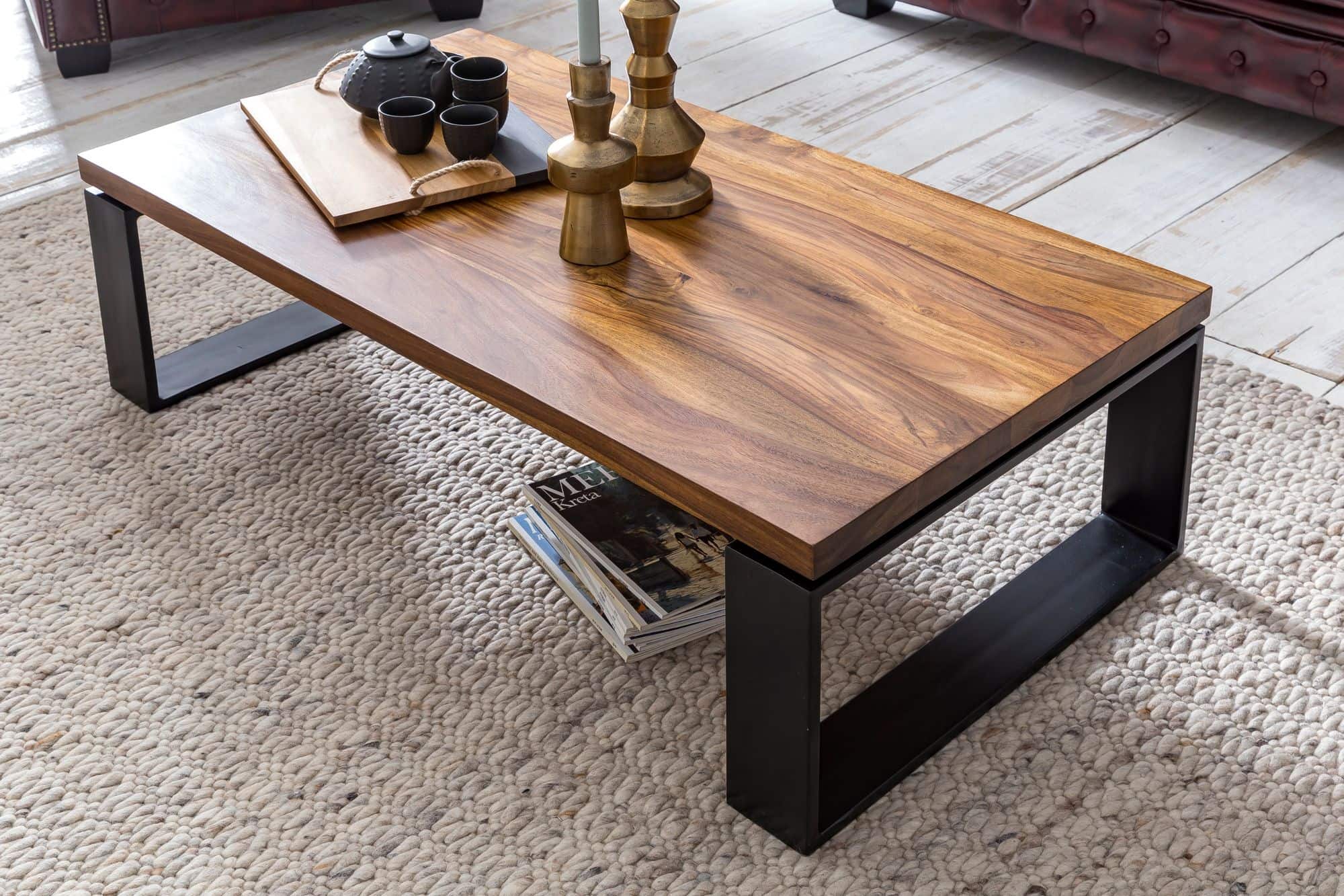 Couchtisch WL5.650 Sheesham 115x35x60 cm Massiv Holz Sofatisch mit Metallgestell Couchtisch WL5.650 Sheesham 115x35x60 cm Massiv Holz Sofatisch mit Metallgestell