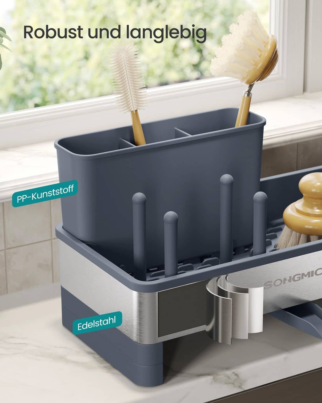 Spülbecken Organizer mit Halter für Schwämme und Bürsten schiefergrau-silbern