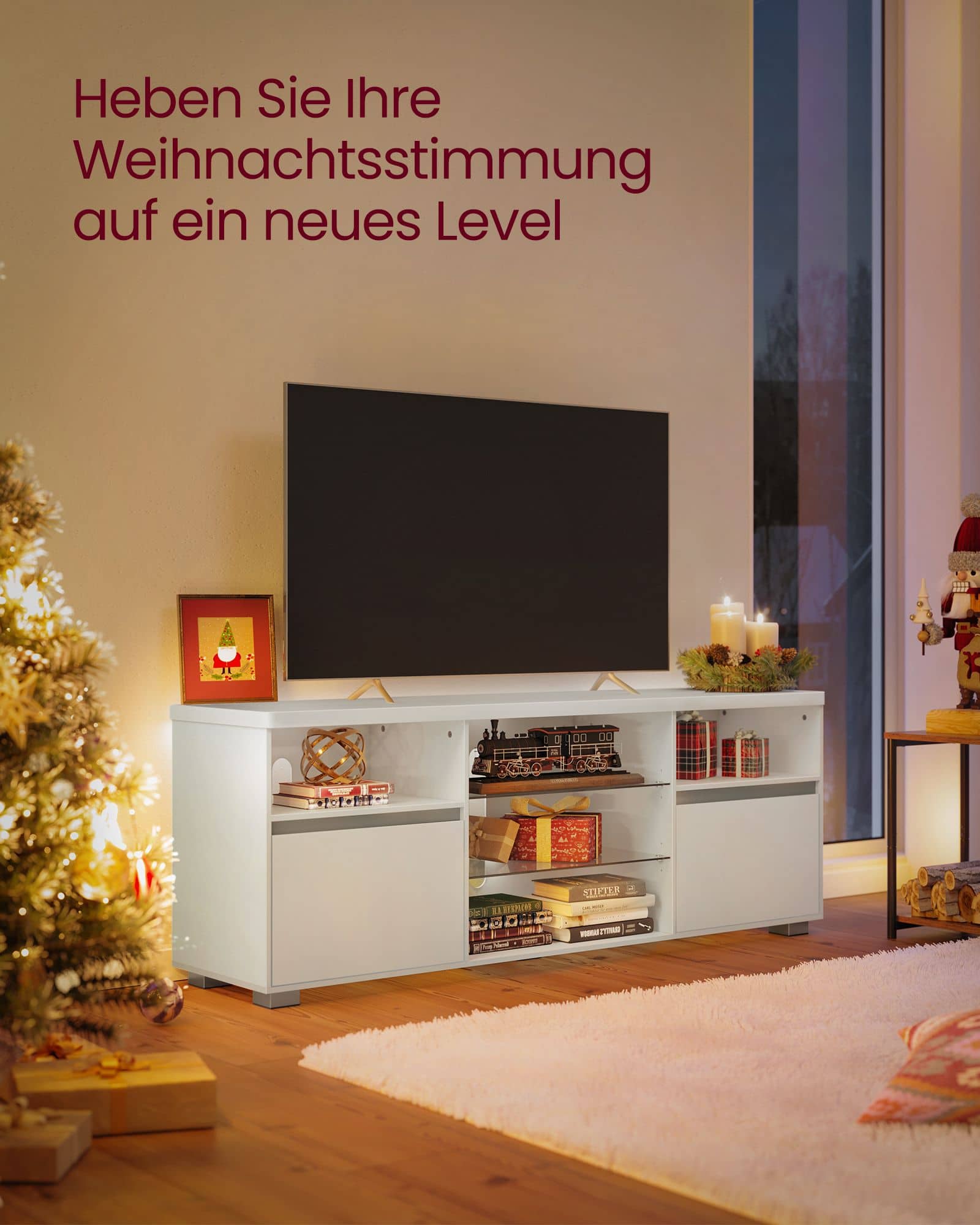LED-Beleuchtung TV-Schrank mit offenen Ablagen LED-Beleuchtung TV-Schrank mit offenen Ablagen