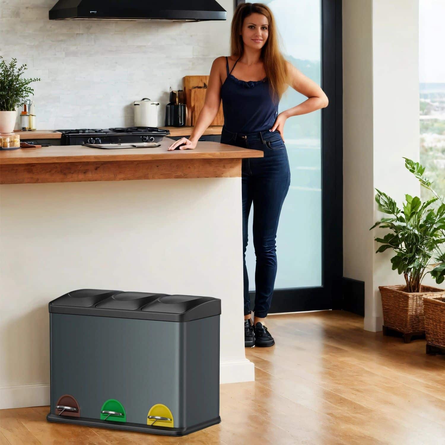 Mülleimer 3 Fächer, Mülltrennsystem Küche, Abfalleimer Mülleimer 3 Fächer, Mülltrennsystem Küche, Abfalleimer