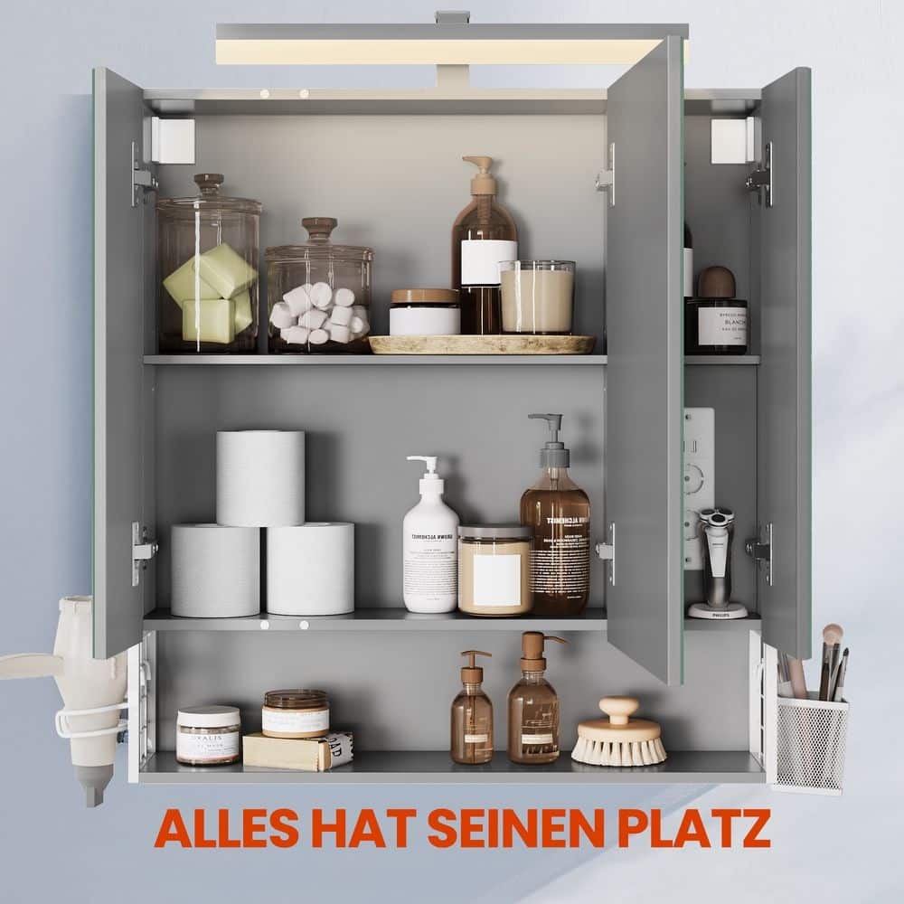 Wandschrank mit 3 Türen, Spiegel, Mehrfachsteckdose Wandschrank mit 3 Türen, Spiegel, Mehrfachsteckdose
