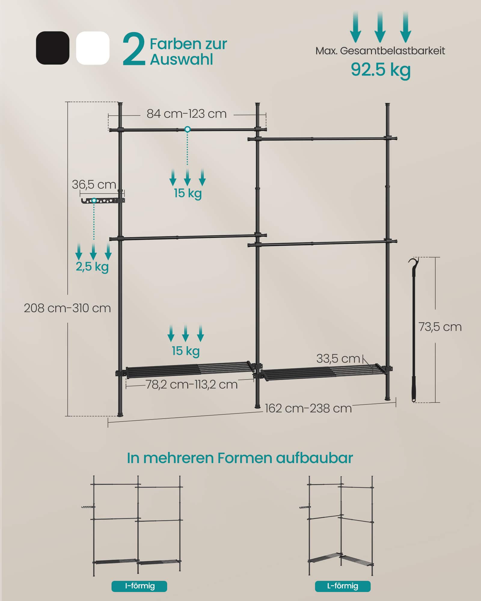 Kleiderständer 33,5 x (162-238) x (208-310) cm mattschwarz Kleiderständer 33,5 x (162-238) x (208-310) cm mattschwarz