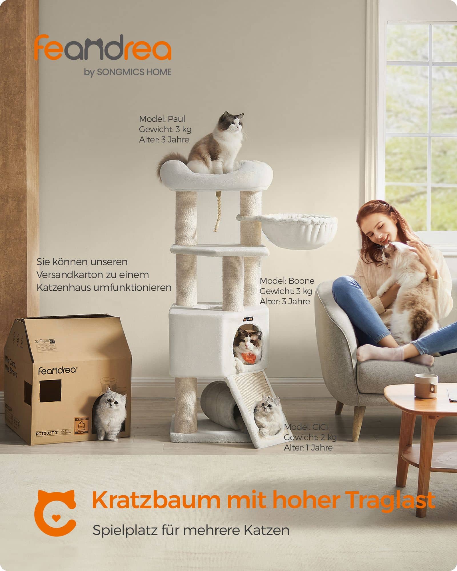 Kratzbaum mit Höhlen 50 x 50 x 141 cm cremeweiß Kratzbaum mit Höhlen 50 x 50 x 141 cm cremeweiß