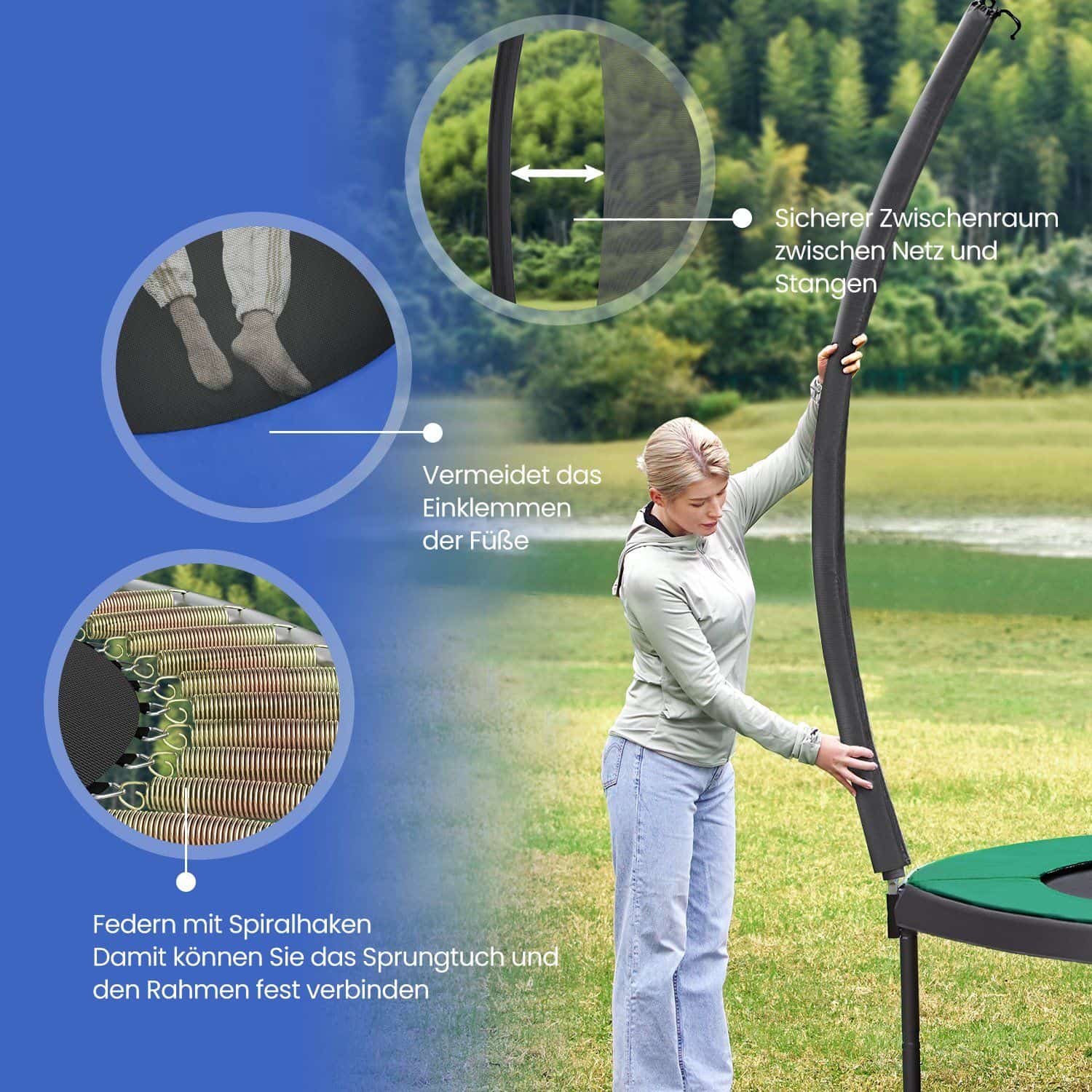 Trampolin 366 cm d, Gartentrampolin mit Sicherheitsnetz, 180 cm hohe gebogene Stangen Trampolin 366 cm d, Gartentrampolin mit Sicherheitsnetz, 180 cm hohe gebogene Stangen