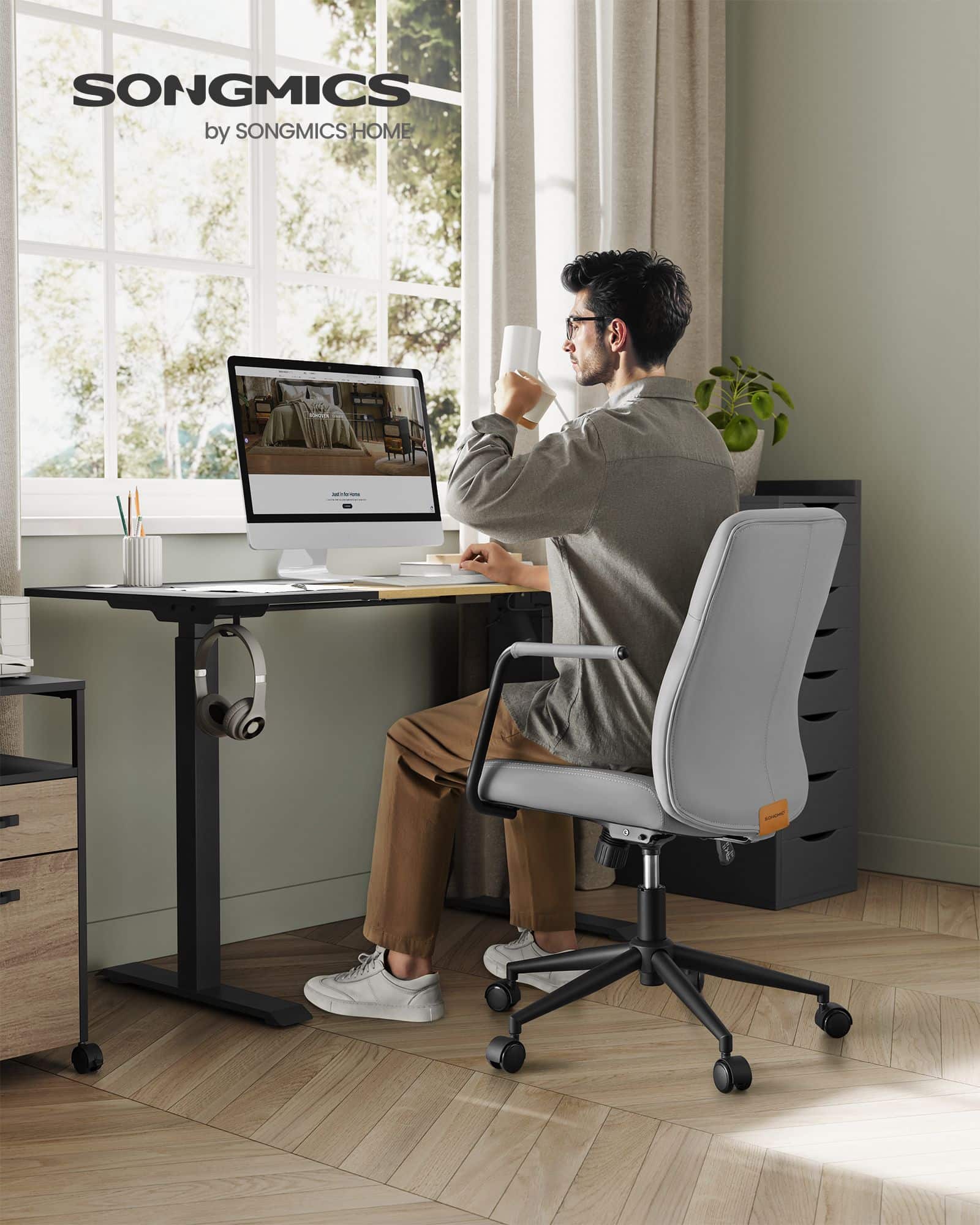 Bürostuhl mit Rückenlehnen und gebogenem Sitz taubengrau