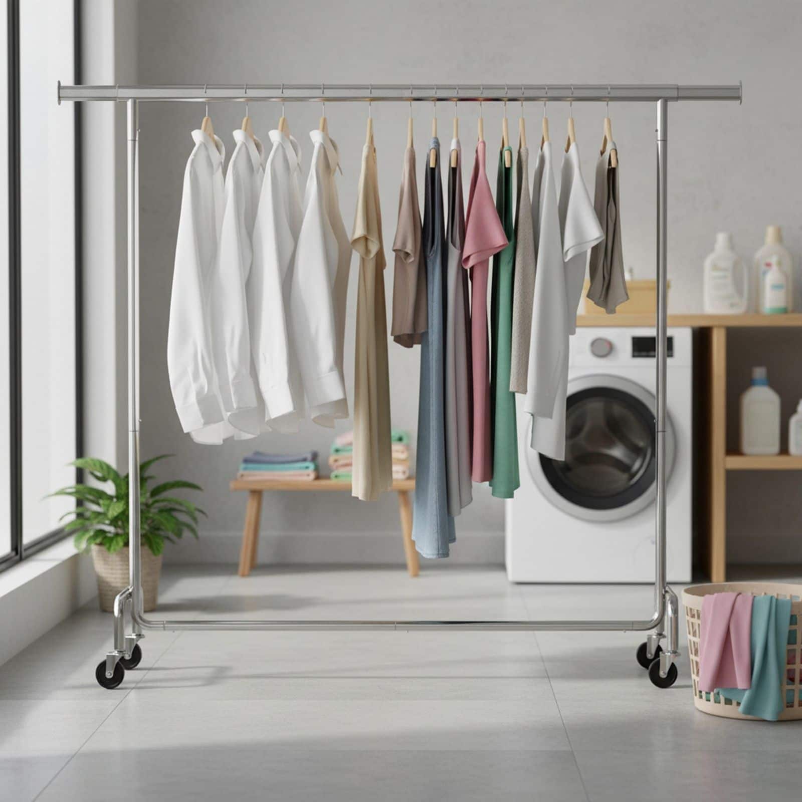 Kleiderständer auf Rollen, ausziehbare Kleiderstange, bis 110 kg belastbar Kleiderständer auf Rollen, ausziehbare Kleiderstange, bis 110 kg belastbar