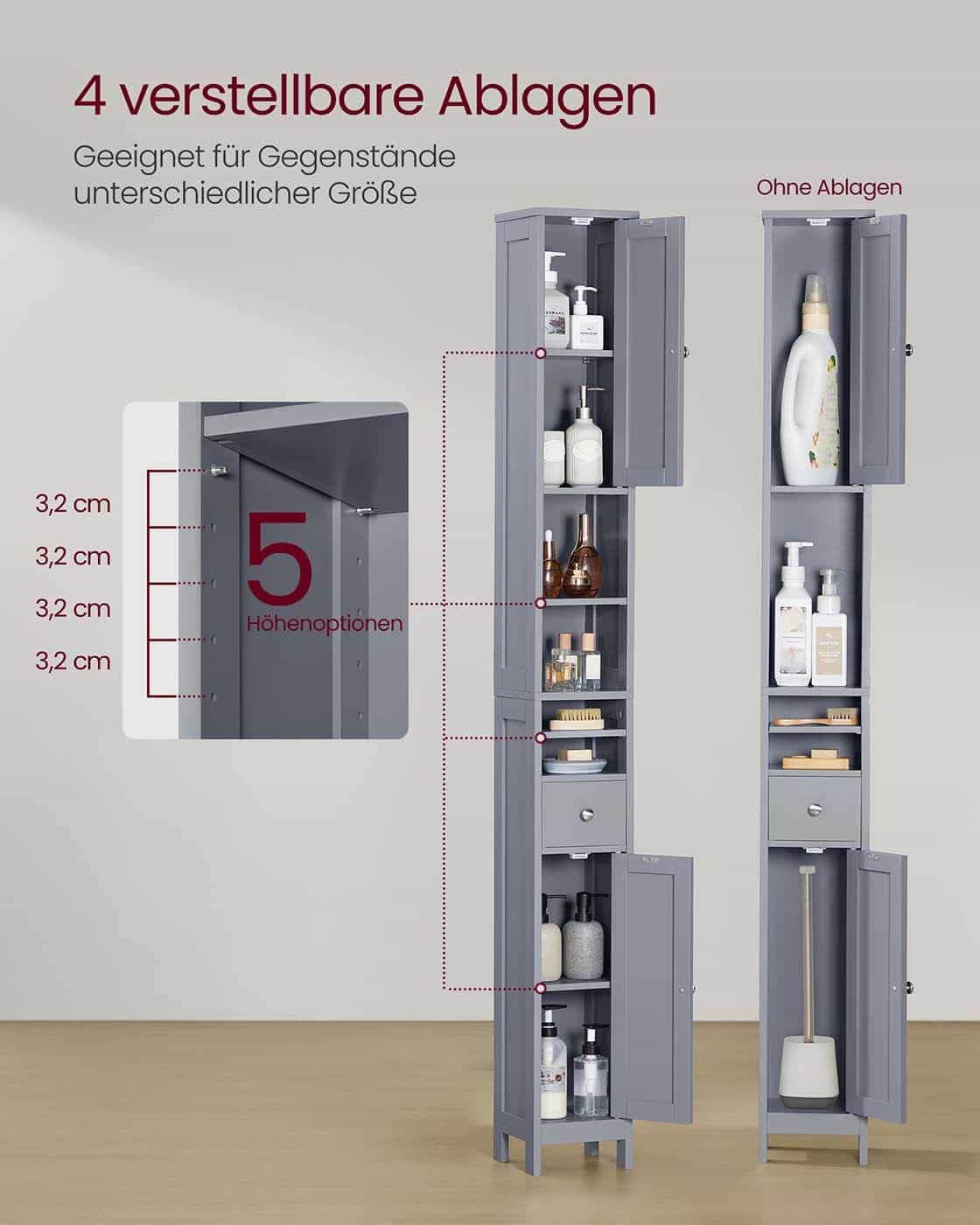 Badschrank mit verstellbaren Ablagen und offenen