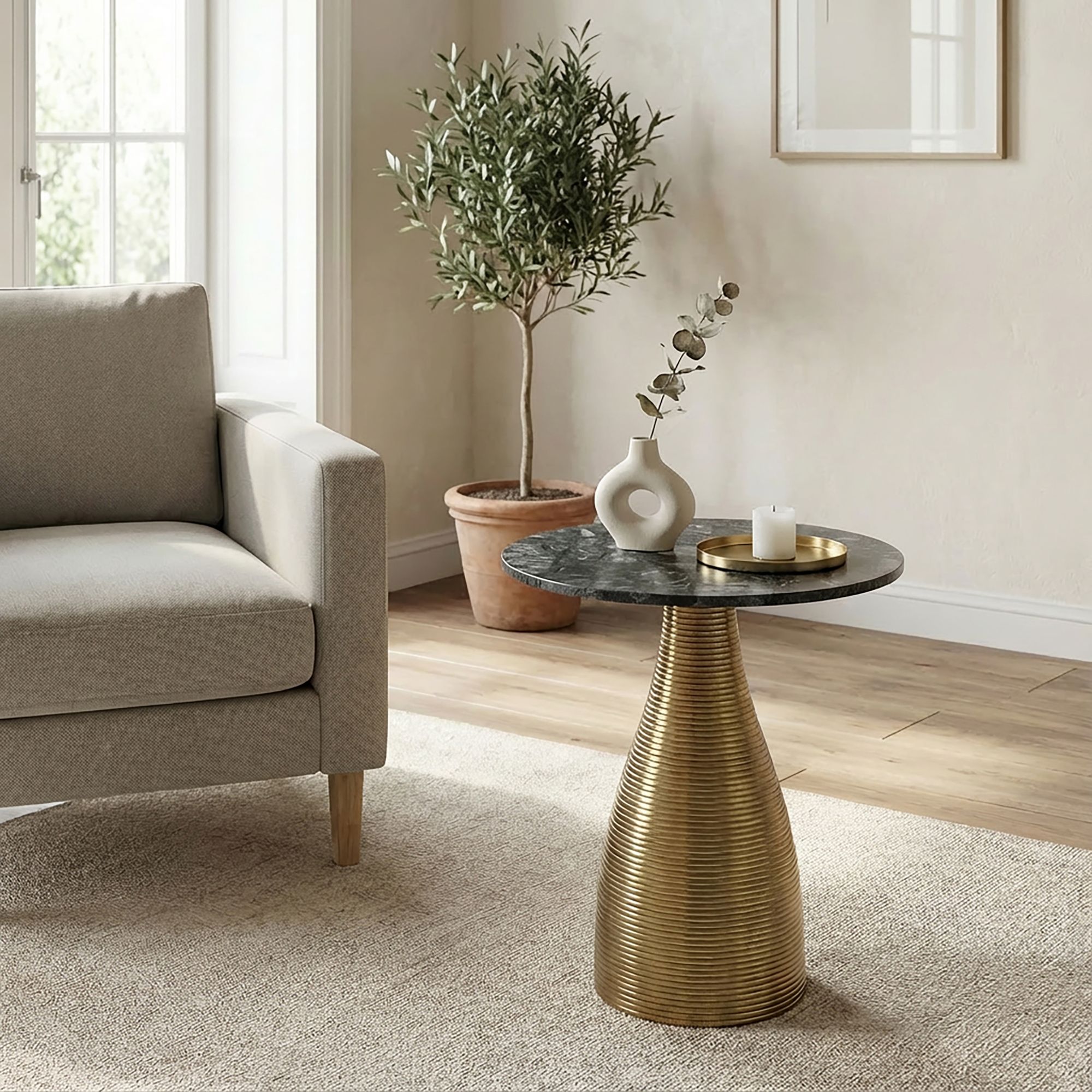 Beistelltisch Rund 40cm Gold mit Massiver Marmorplatte Grün - Wohnzimmertisch Naturstein Anstelltisch - Sofatisch Design Metall Couchtisch - Wohnzimmer Tisch Modern Handmade